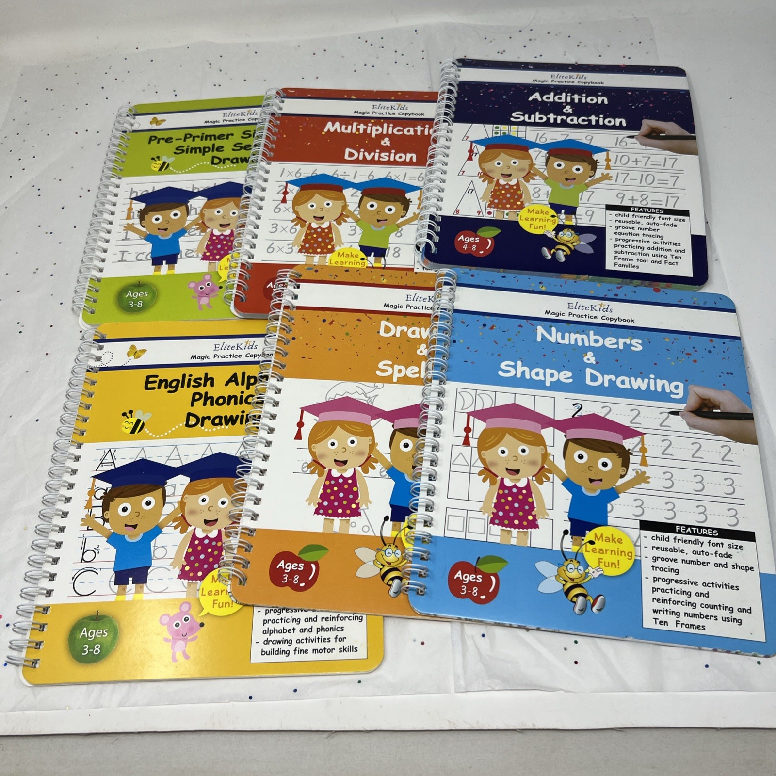 6 Reusable Grooved Workbooks-Ages 3-8- Numbers Letters Shapes Education Books