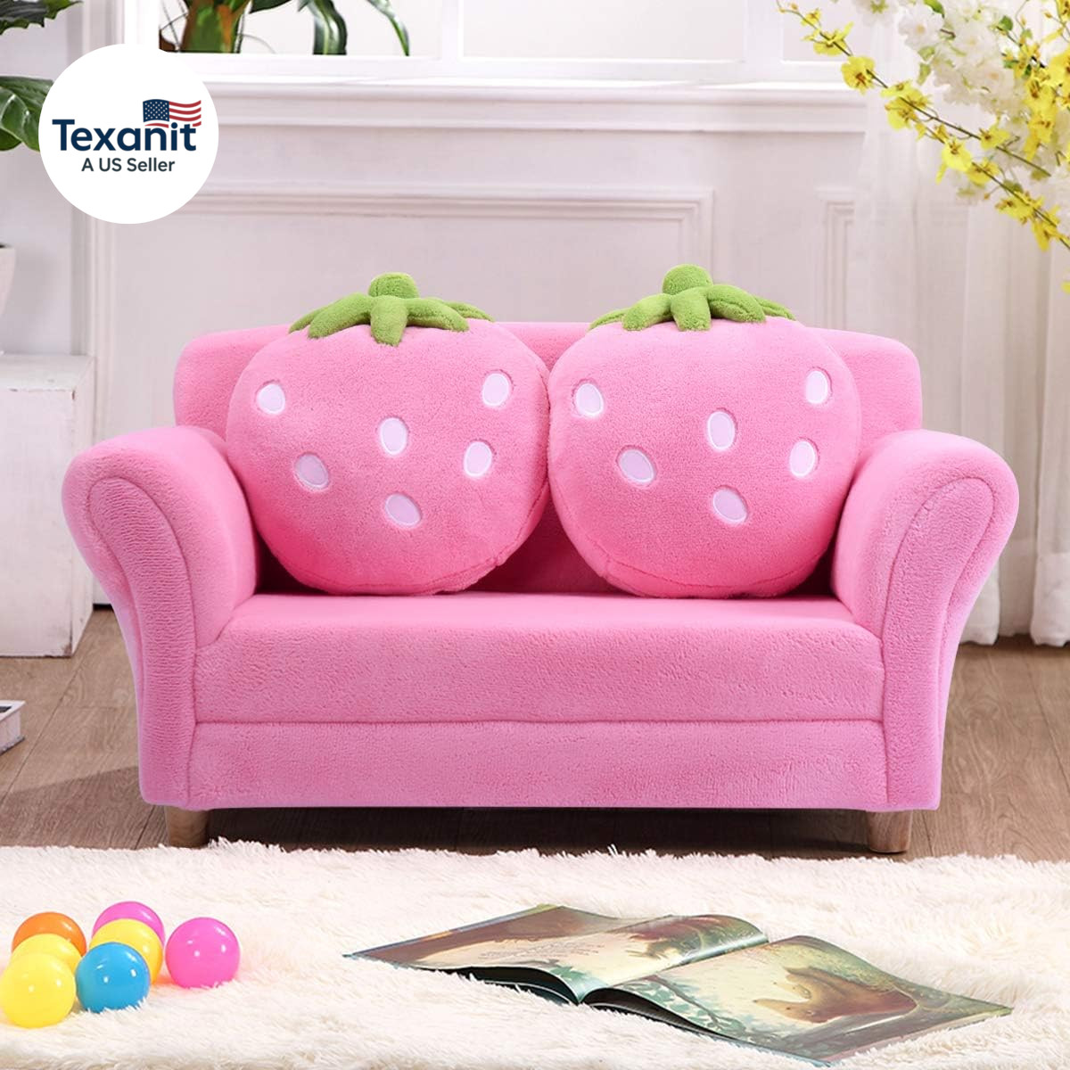 Kids Couch, Double Seat Pink Children'S Sofa with 2 Strawberry Pillows, Toddler