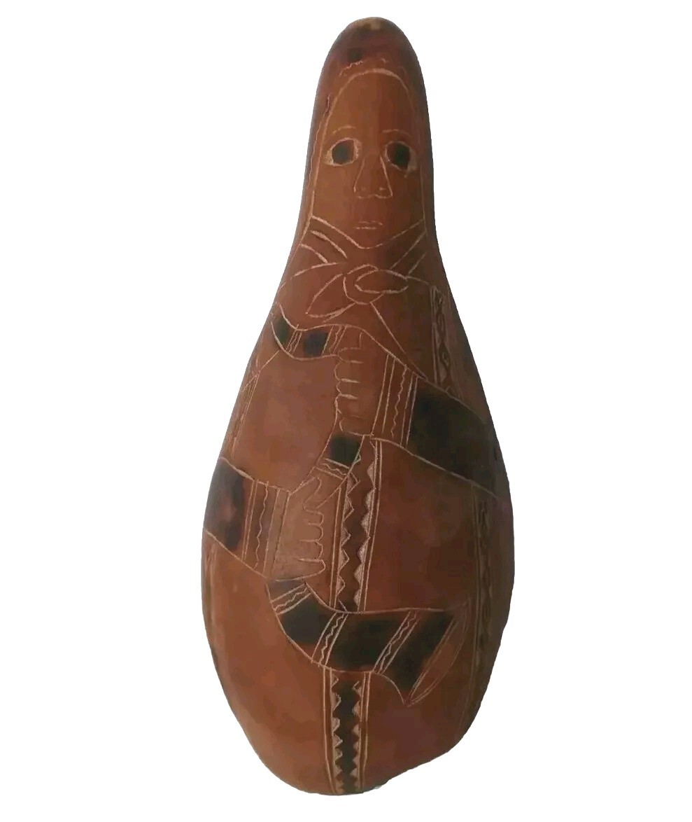 Vintage Hand Carved Gourd South America/Peru Musician Folk Art Figure 7.5"