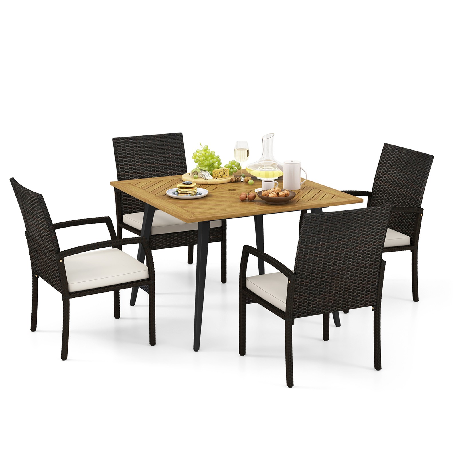 5PCS Patio PE Wicker Dining Set 42.5'' Table w/ 1.9'' Umbrella Hole Chairs