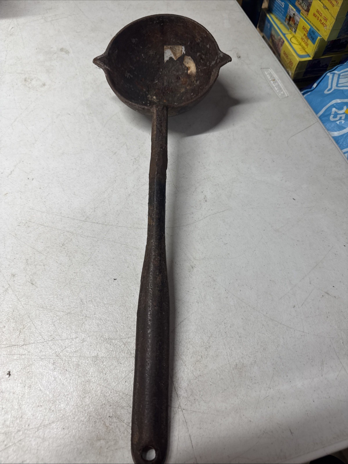 Antique 20" Cast Iron Pouring Melting Smelting Dipper Ladle Double Spout VTG
