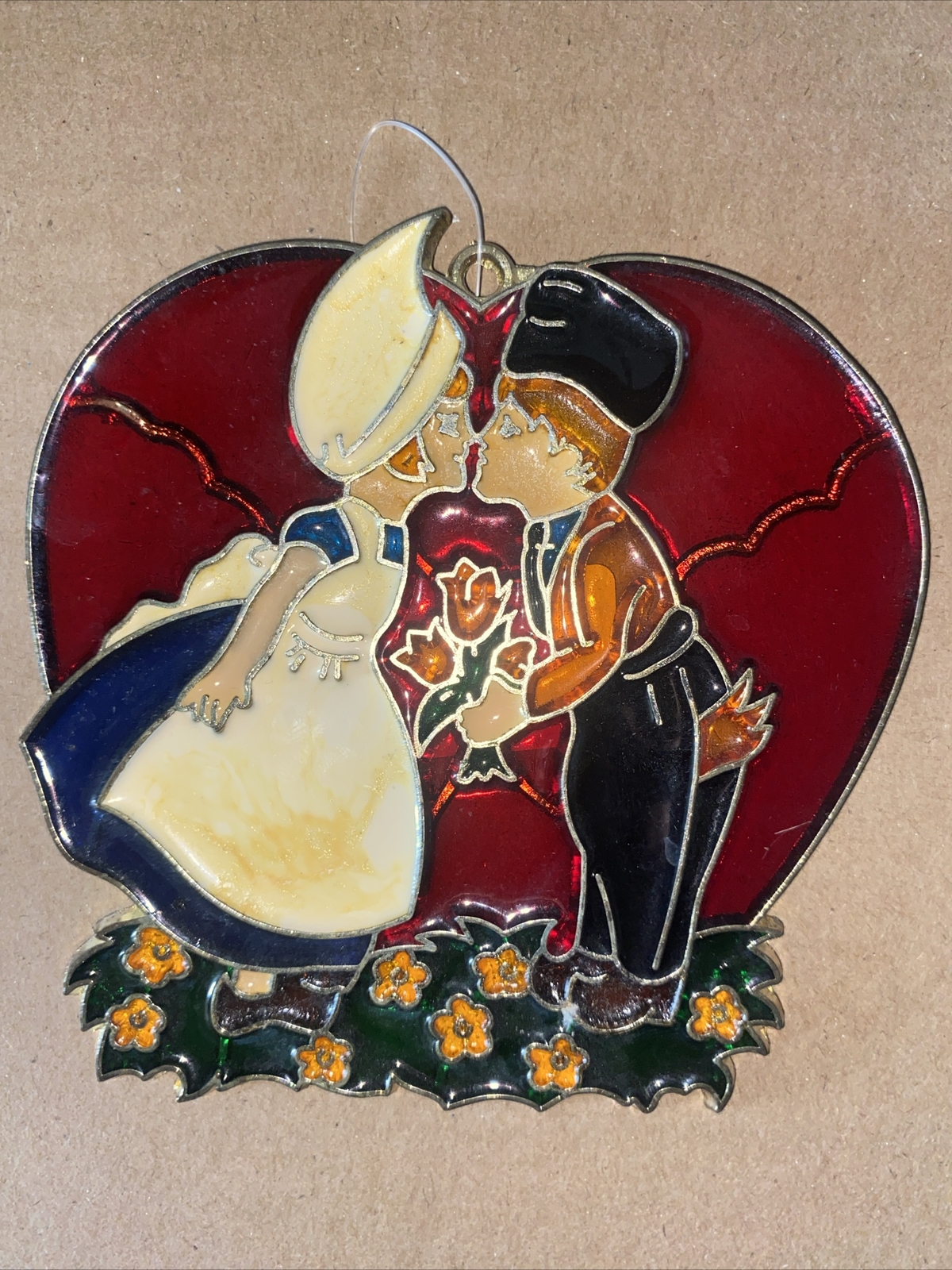 Little Dutch Couple Kissing In Tulips Faux Plastic Suncatcher