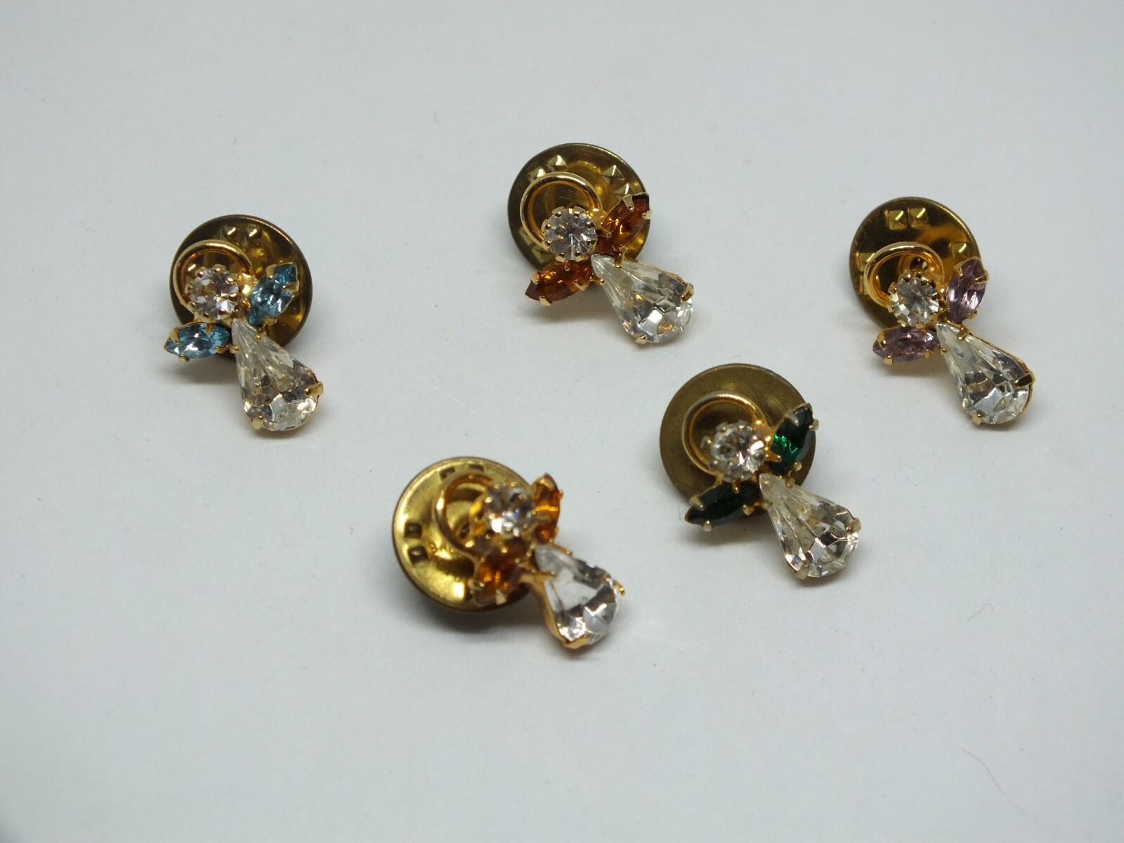 Christmas Brooch Pin Set 5 Gold Tone Angels Rhinestones 5/8 Inch NICE