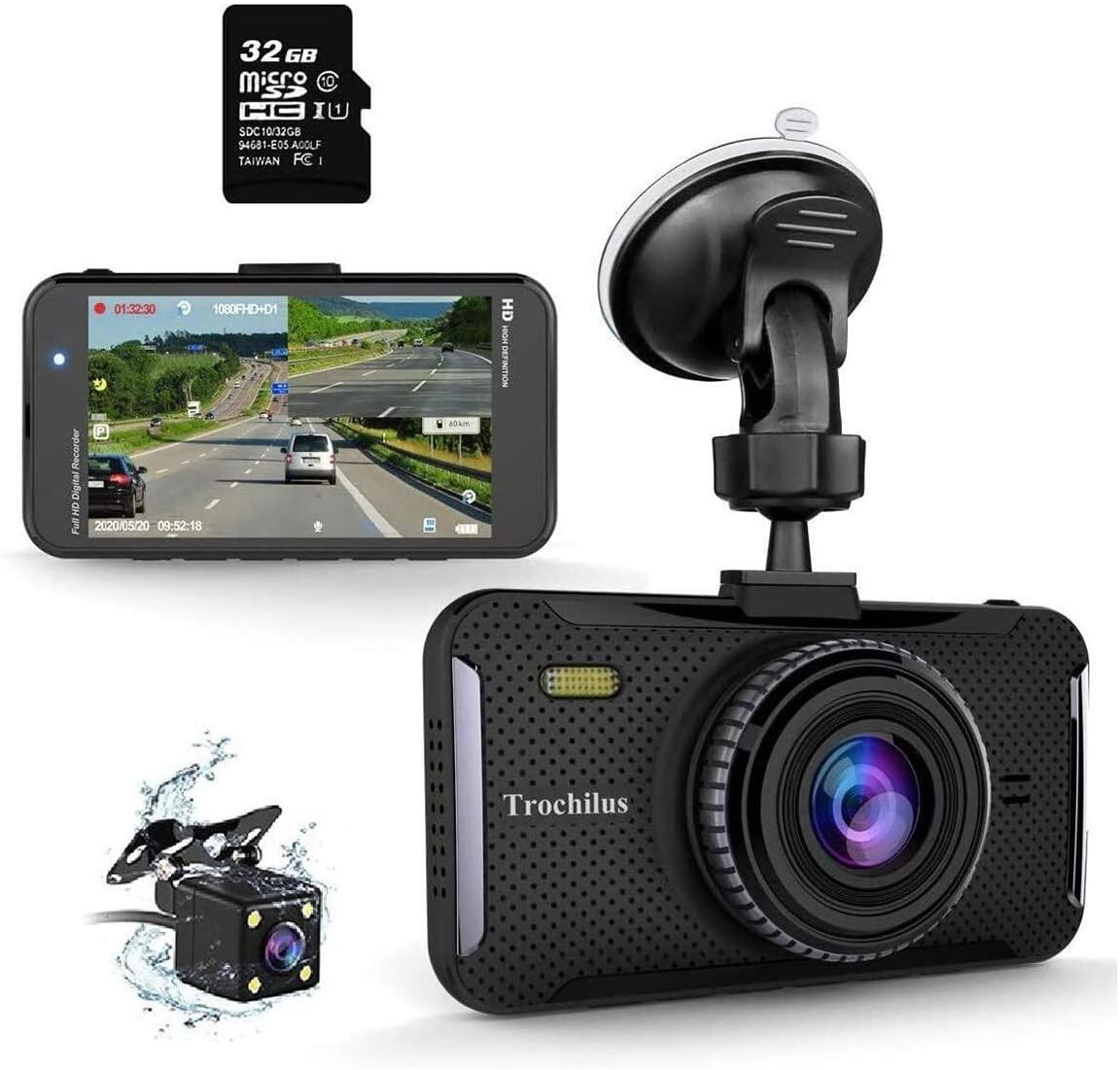 TROCHILUS 4M58 FHD 1080P Dual Dash Cam 4" LCD Screen 32GB SD Card w/Night Vision