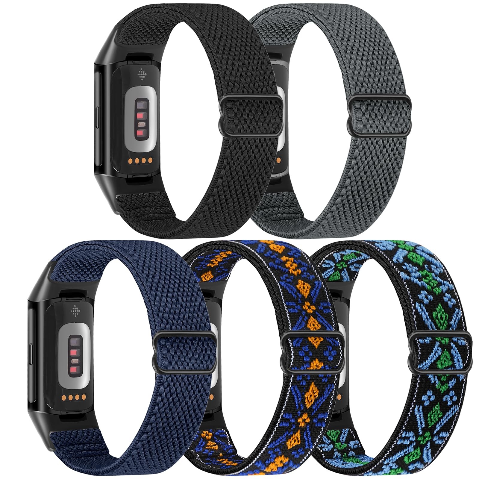 5 Pack Nylon Elastic Adjustable Watch Bands for Fitbit Charge 6/Charge 5