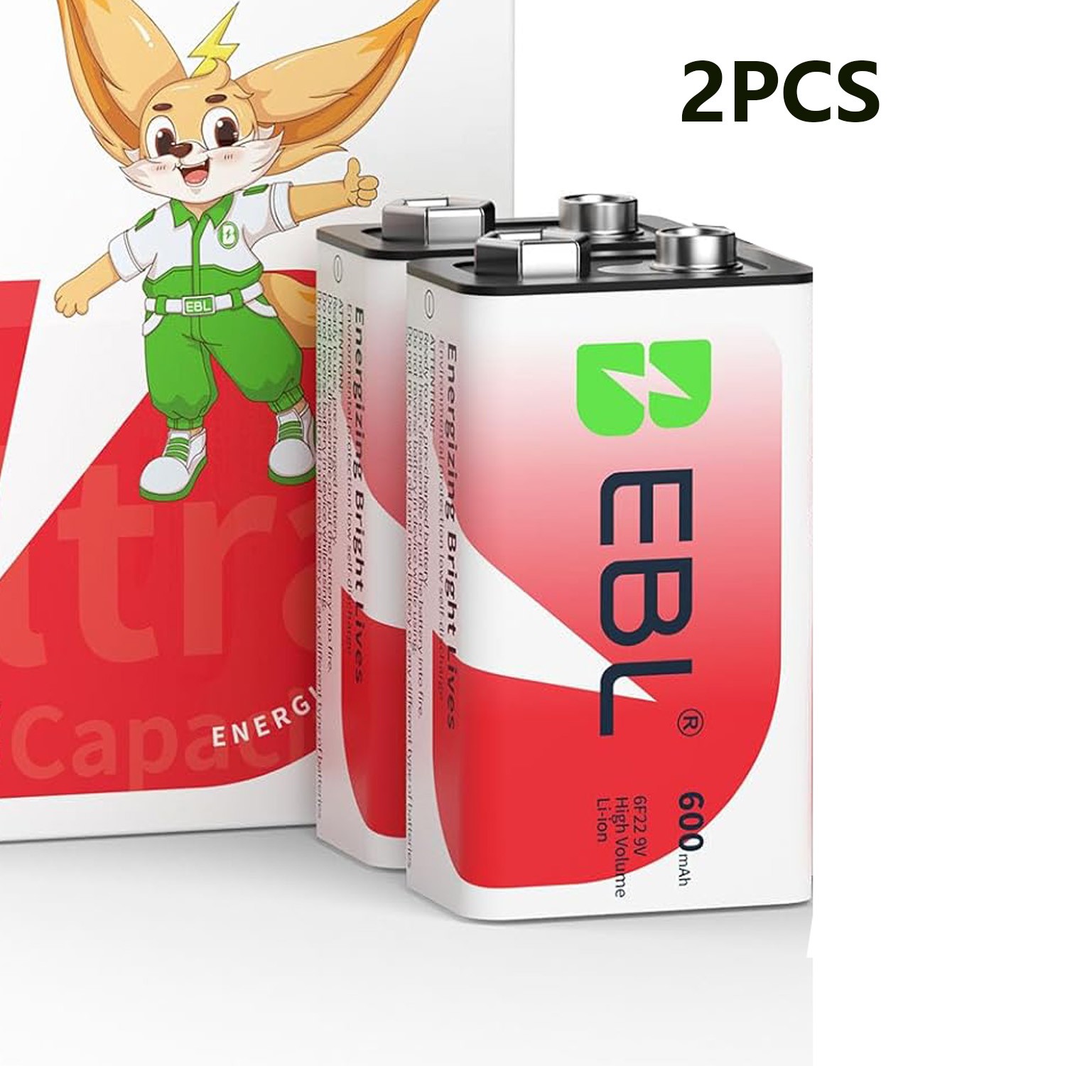 EBL 9V Rechargeable Batteries 9 Volt Lithium ion 600mAh Li-ion Batteries 2 Packs