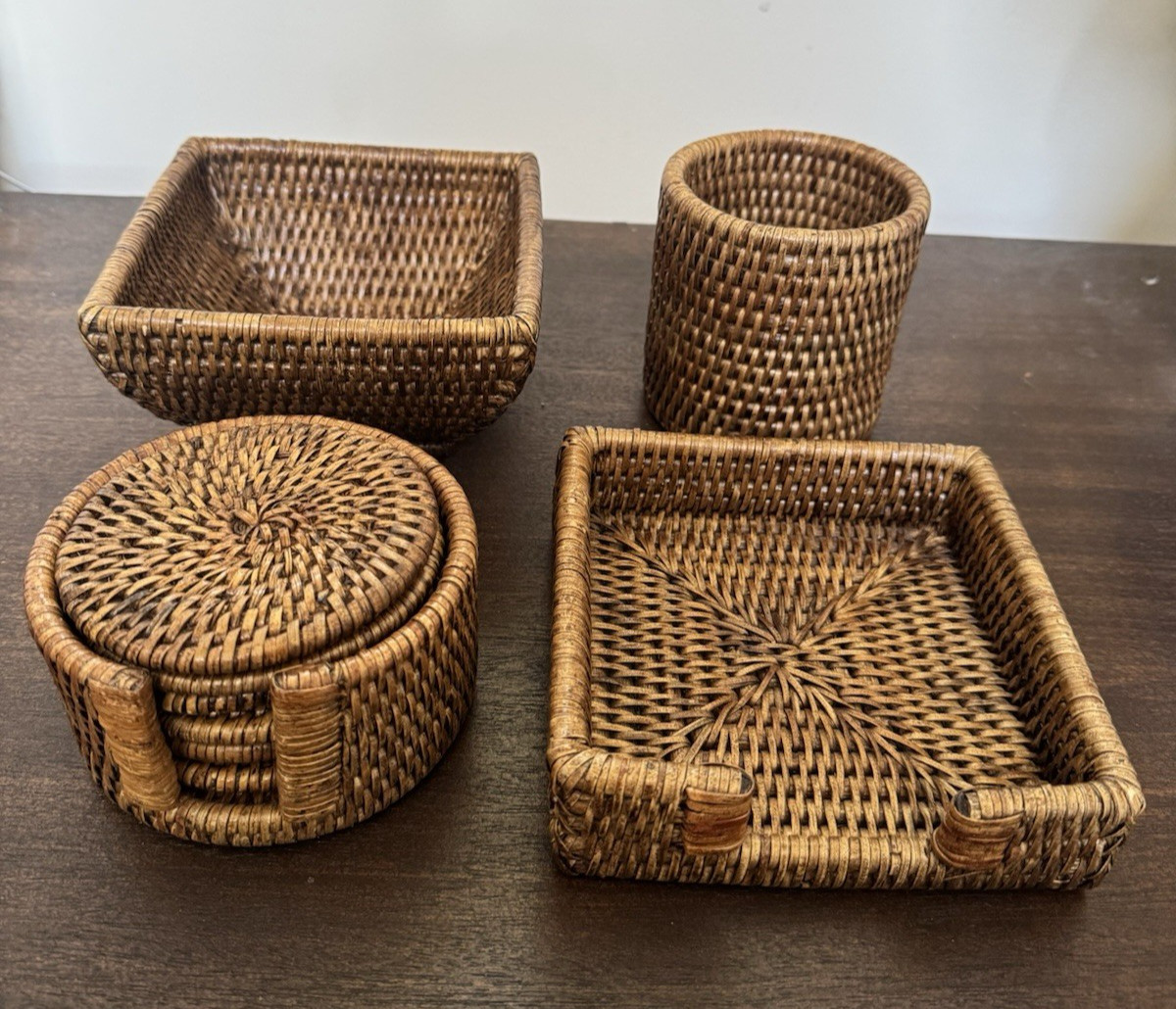 10 Piece Vintage Wicker Rattan Organizer Set Boho Coasters Baskets Pencil Holder