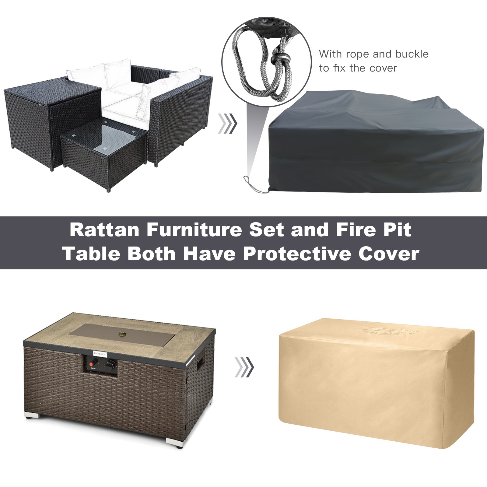6PCS Patio Rattan Furniture Set 32" Fire Pit Table Tank Holder W/Cover Beige