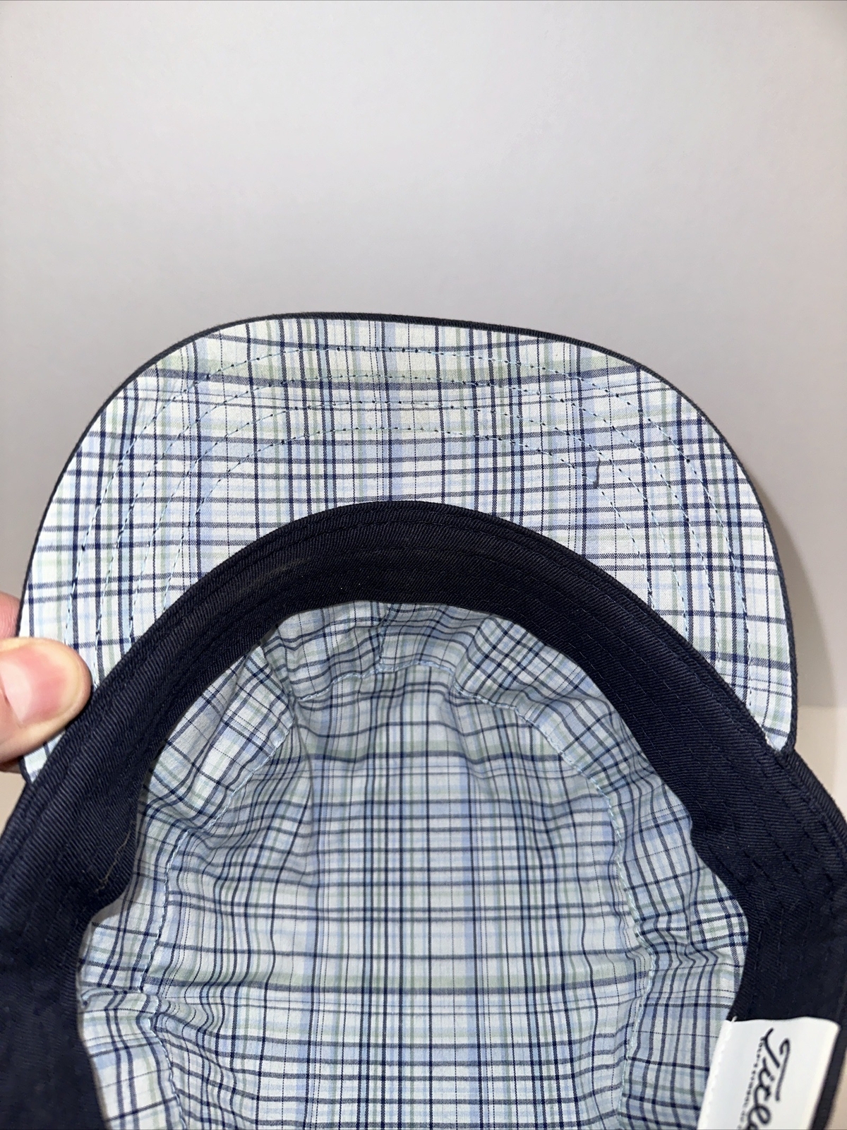 Titleist White on Navy Blue Cadet Hat Cap Plaid Under Bill Inside Hook Loop