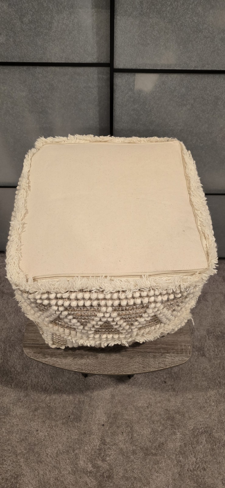 Square Boho Geometric Pouf Ottoman Footstool, Beige/White, Removable Cover 16"