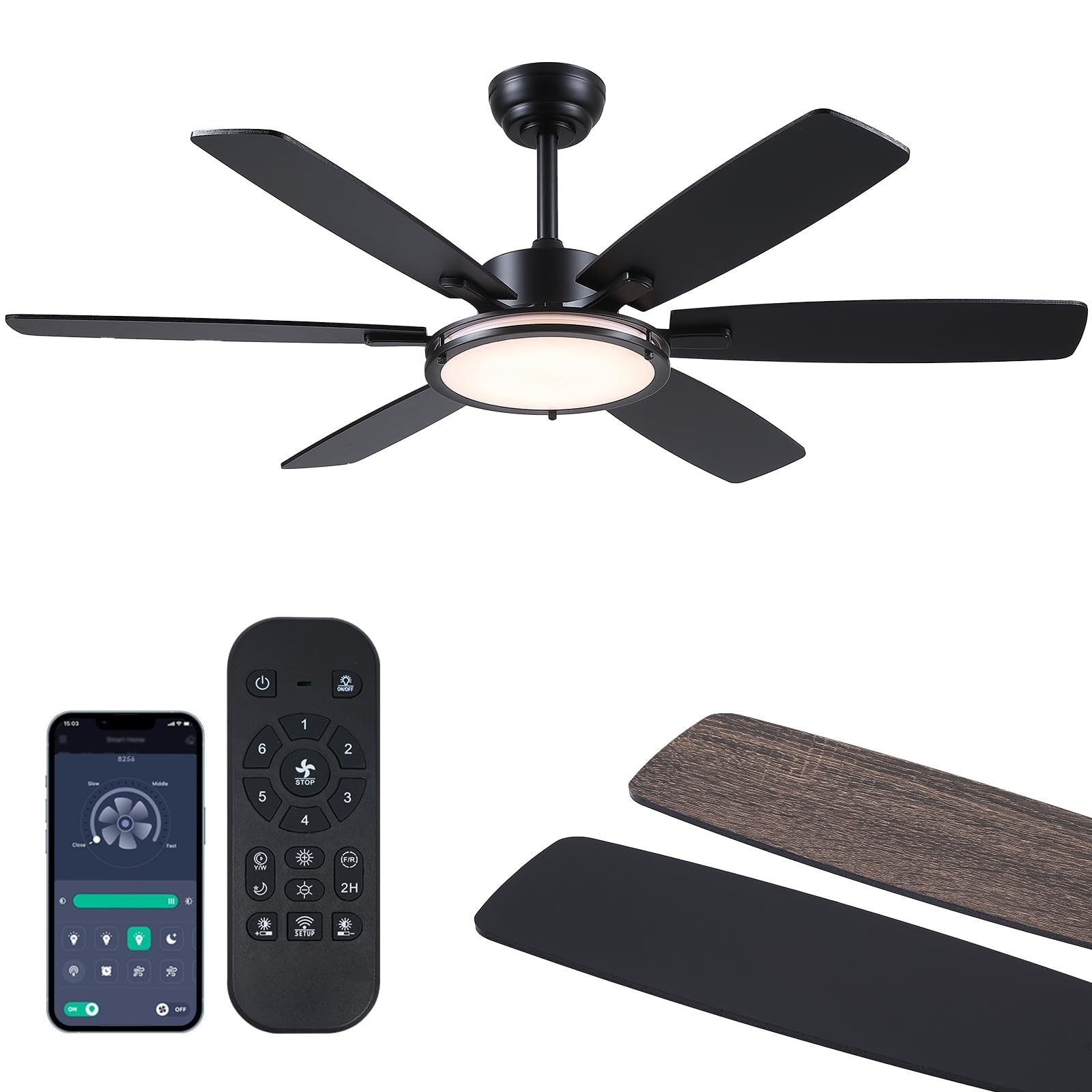Hounber 52 Inch Black Ceiling Fans with Lights and Remote, 6 Blades Dual Finish