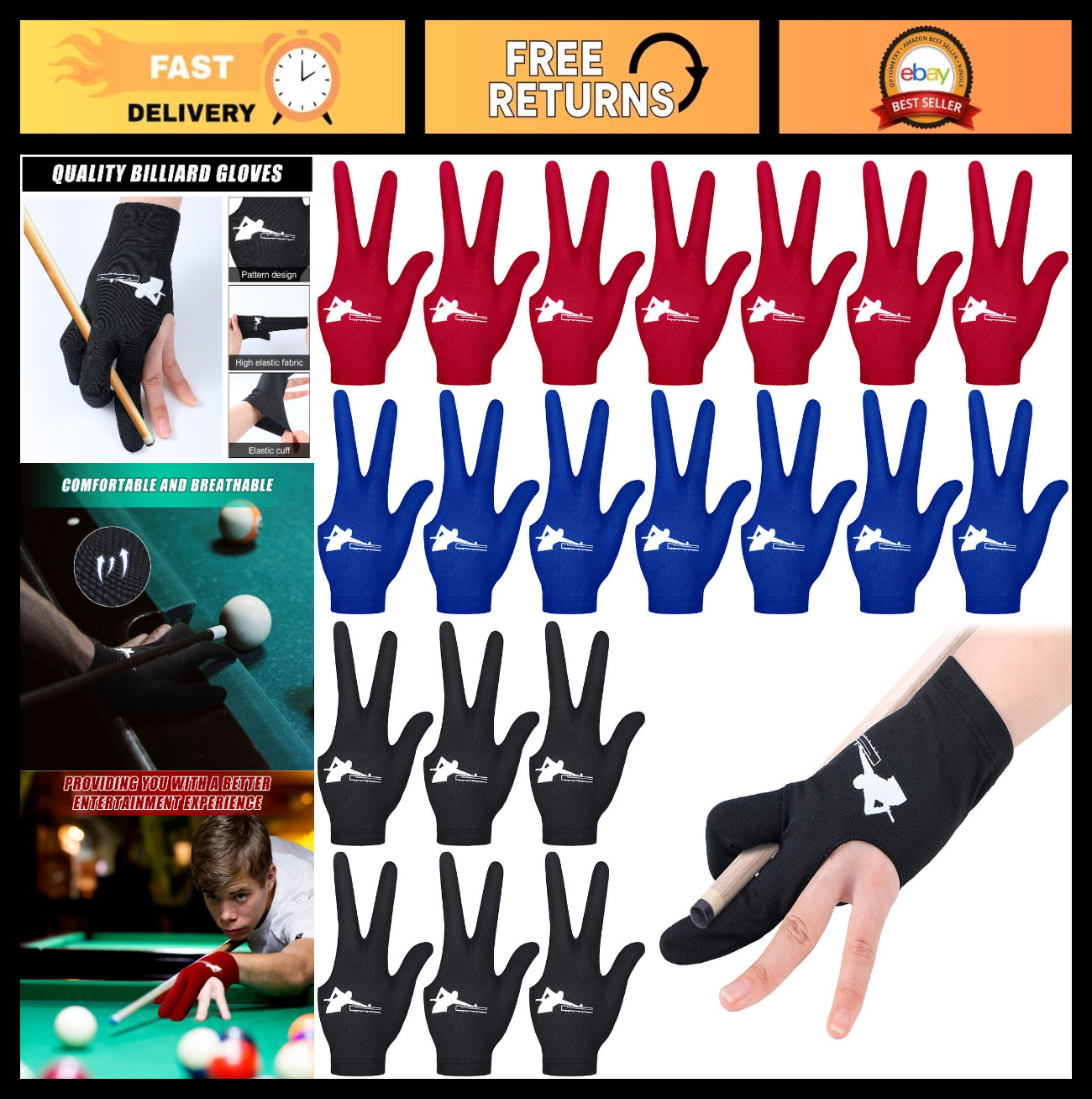 20 Pcs Billiard Pool Gloves - Three Finger Snooker Shooter Gloves for Men & Wome