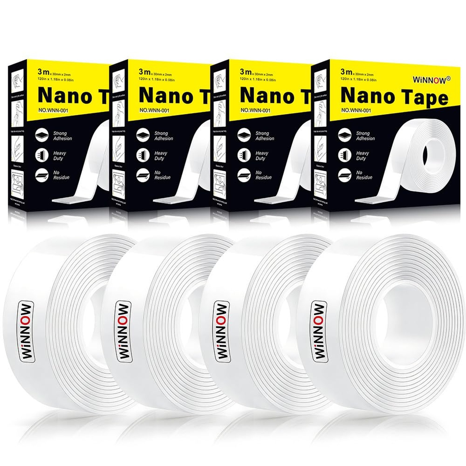 WINNOW 4 Pack Double Sided Tape，1.2" x 120" Double Sided Mounting Tape -