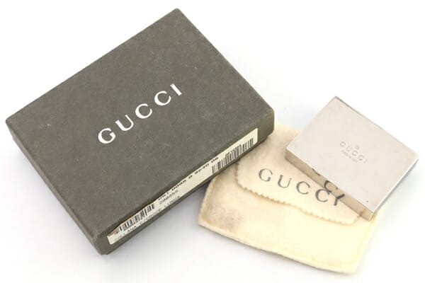 GUCCI Pill Box Silver Black Metal Plastic Logo Square 6cm×4.5cm×1.3cm w/Box