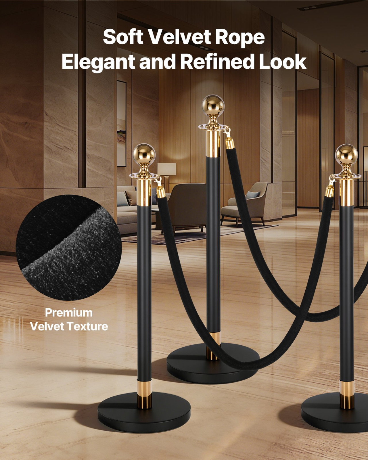 2PCS 5FT Black Velvet Stanchion Ropes w Gold Hooks Crowd Control Barrier