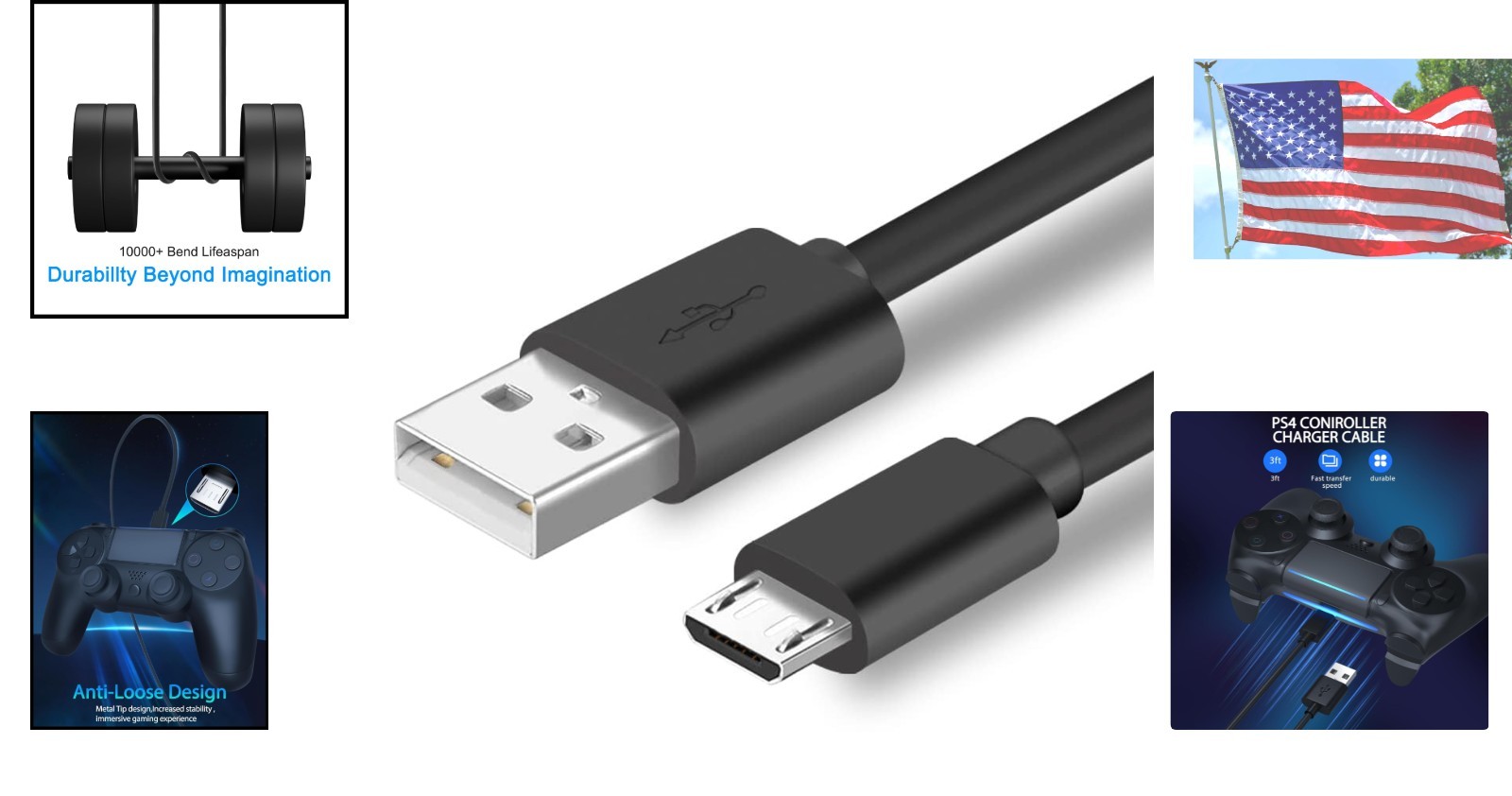 3FT Micro USB Charger for PS4 Controllers & Xbox - Play While Charging