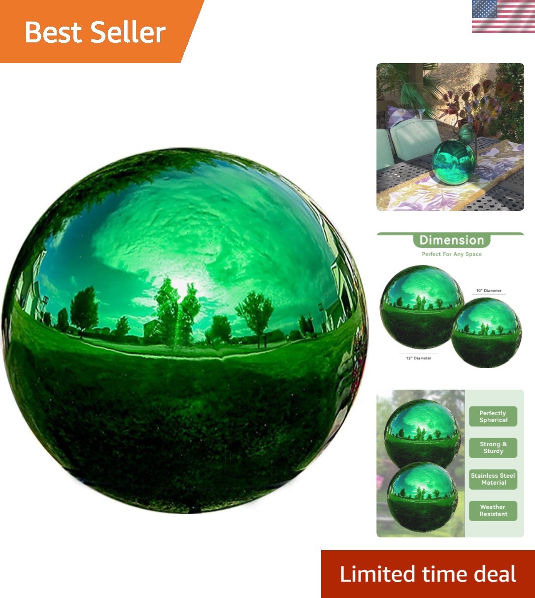 Stylish Green Mirror Ball - 10" Stainless Steel Gazing Globe for Any Occasion