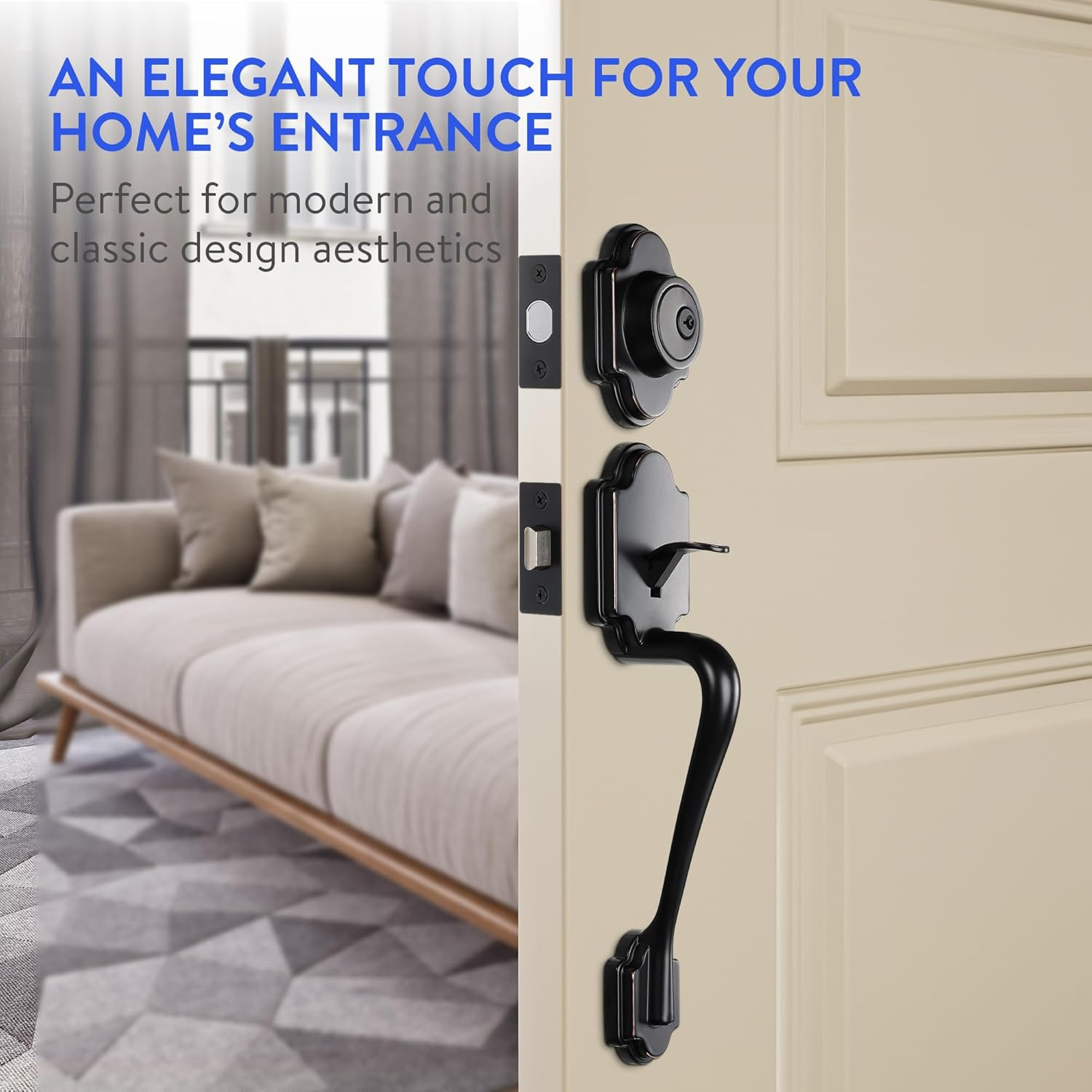 - Front Door Lock and Handle with Deadbolt - Set Includes Installation Template,