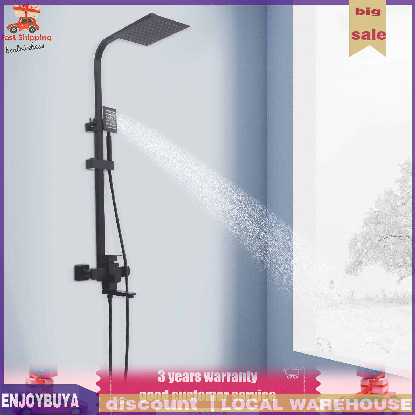 Shower Faucet Set System Rainfall Shower Head Handle Combo Kit Wall Mount Black