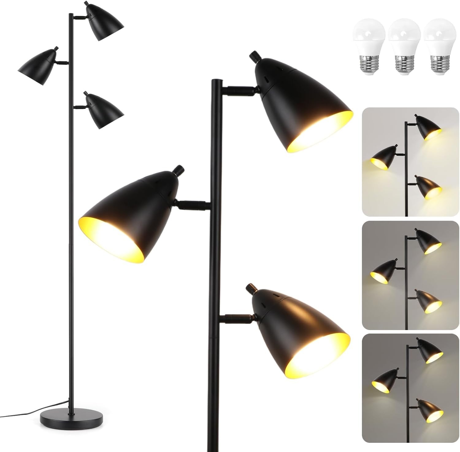 Industrial Floor Lamp Standing Tall 3-Light Adjustable Metal Heads Floor Lights