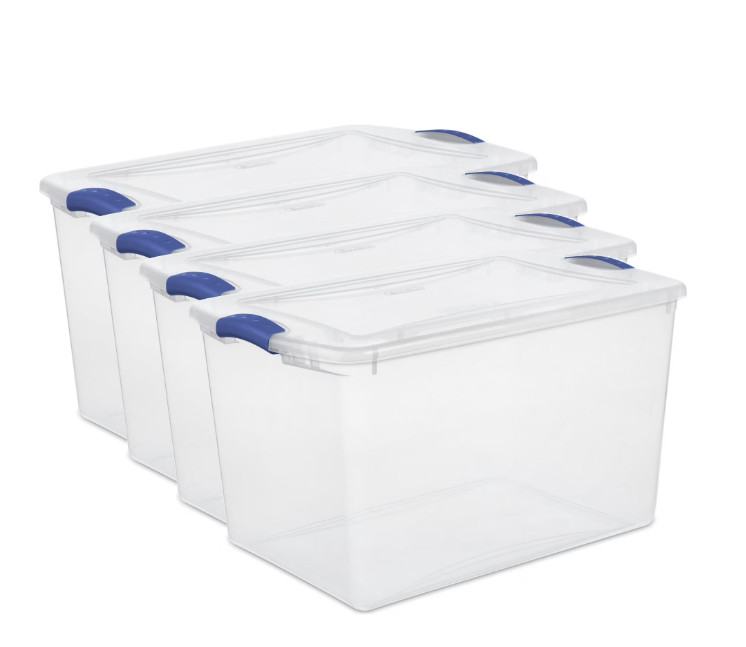 4 Pack, Sterilite 66 Quart Large Latching Storage Bin, Clear Plastic Storage...