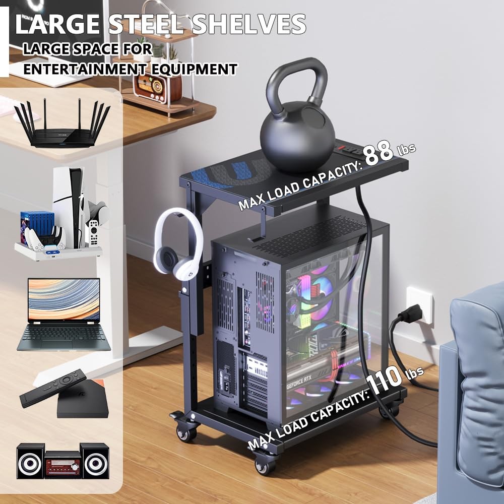Computer Tower Stand with Power Outlet, 6 Level Height Ajustable PC Tower Sta...