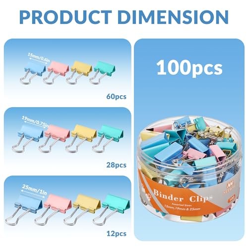 100 Count Binder Clips Assorted Sizes, Paper Binder Clips (0.6inch Multicolor