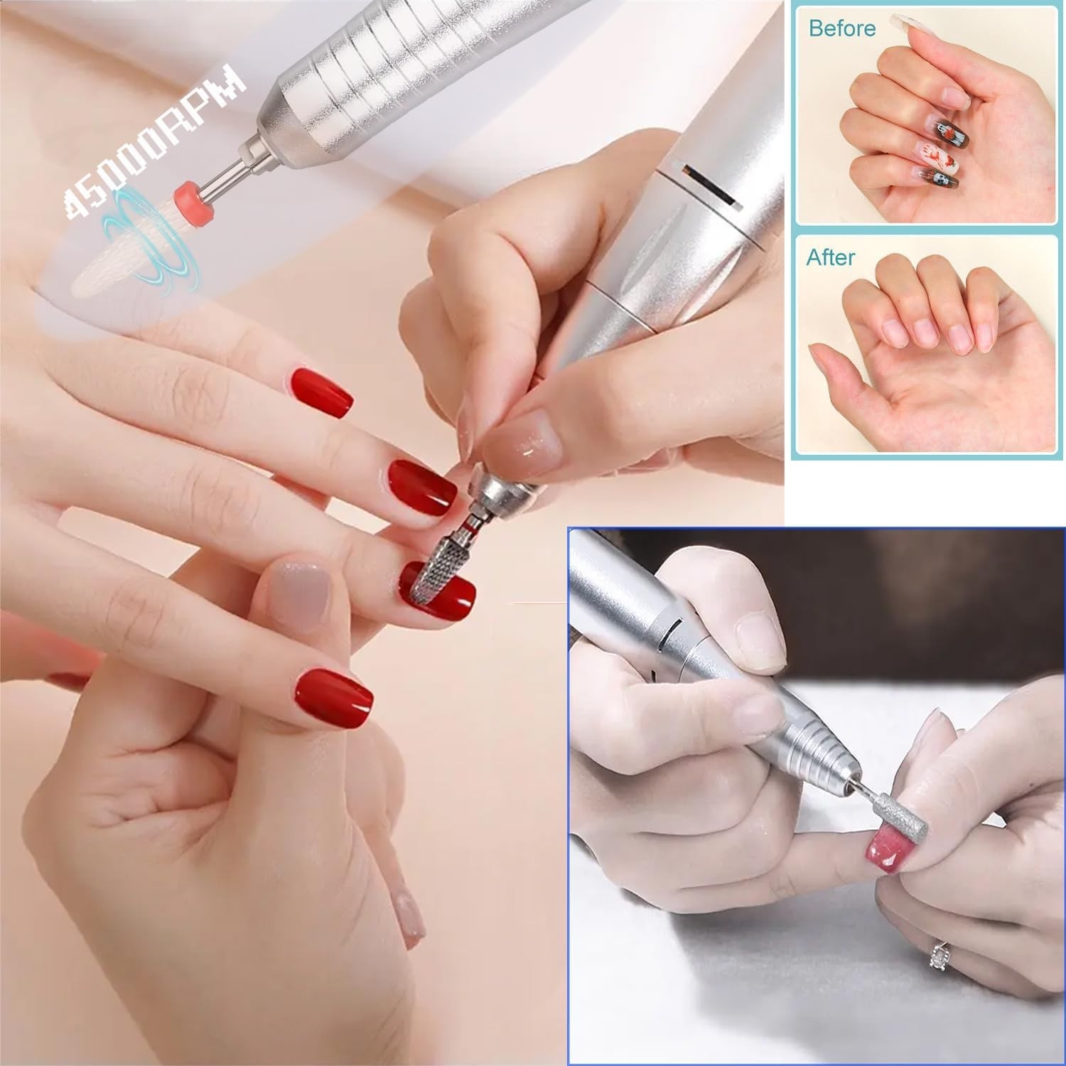 Taladro eléctrico de uñas de 45000 RPM, recargable, portátil, con lima de uñas,