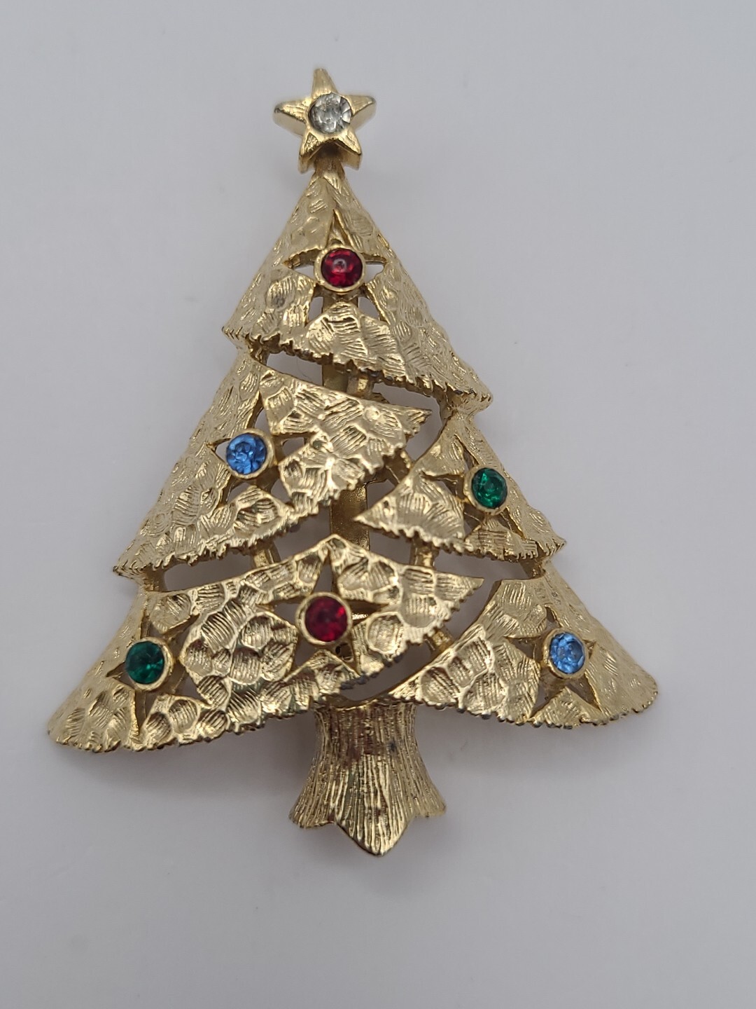 Vtg Art Deco Christmas Tree Brooch Gold Tone Glass Rhinestone Crystal Ornaments