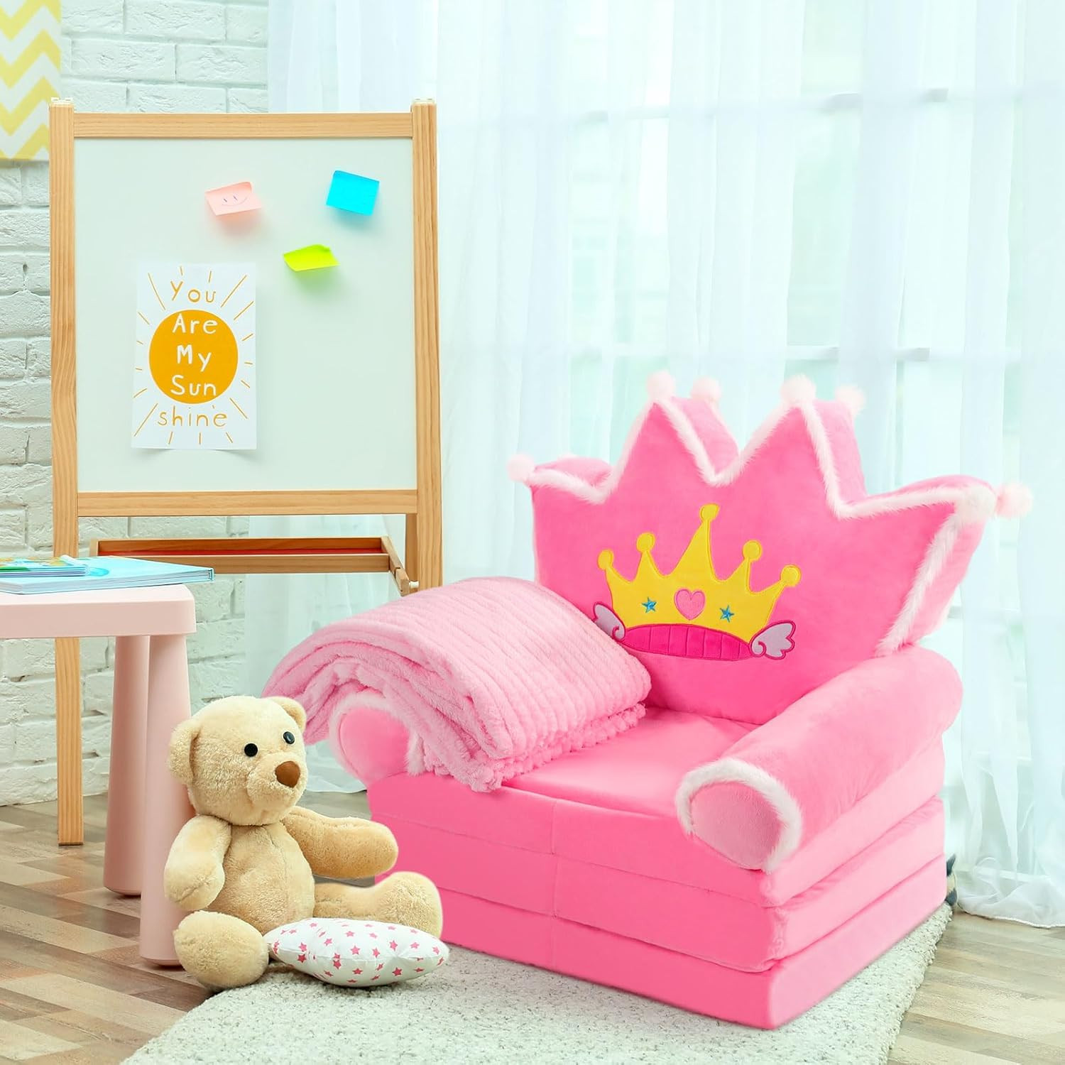 Toddler Couch 2 in 1 Soft Princess Kids Fold Out Couch with Flannel Blanket Comf