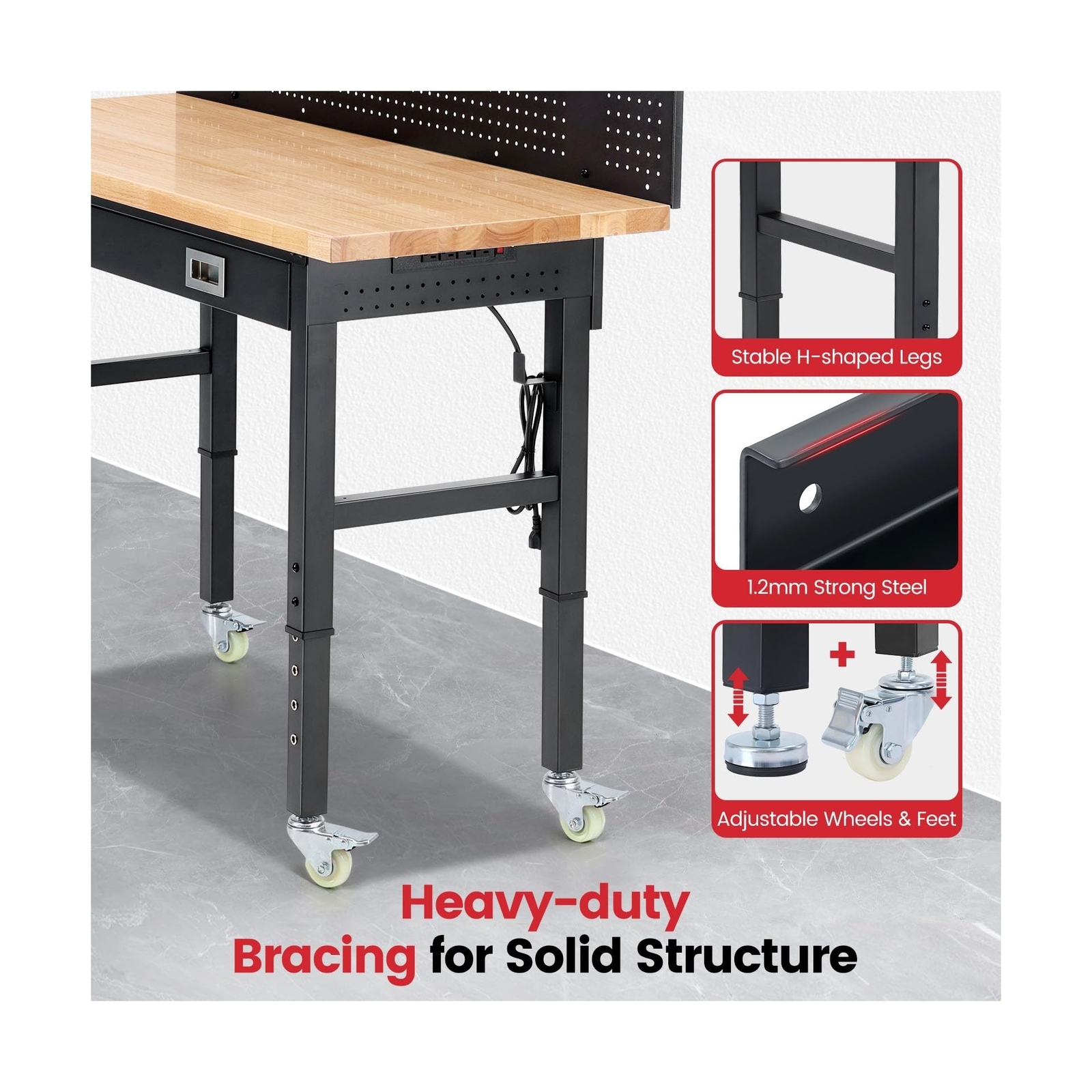 Workbenches for Garage Work Bench with Wheels 60 Inch Adjustable Rubber Wood ...