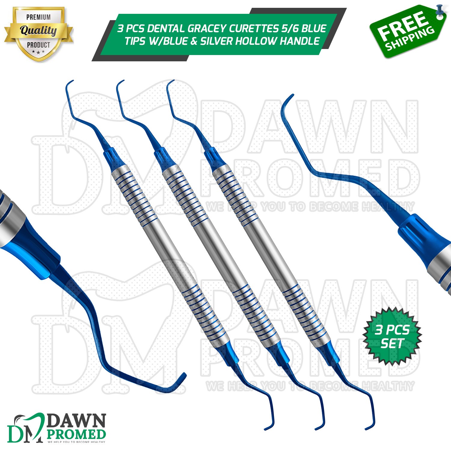 3 Pcs Dental Gracey Curettes 5/6 Blue Coated Double Ended Hollow Handle Set