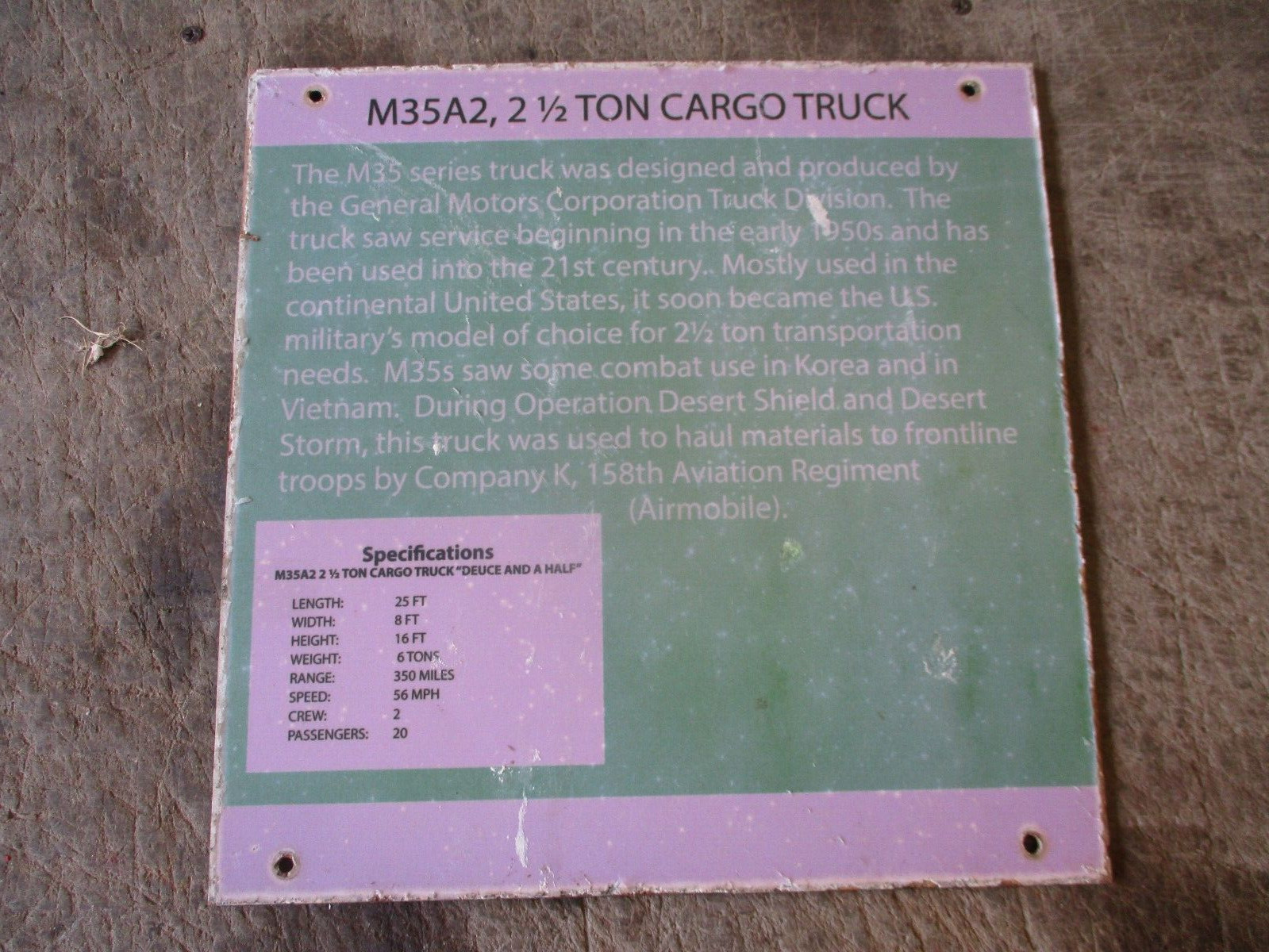Used 12"x12" Plastic/Laminar Museum Info Placard for M35A2 Cargo Truck