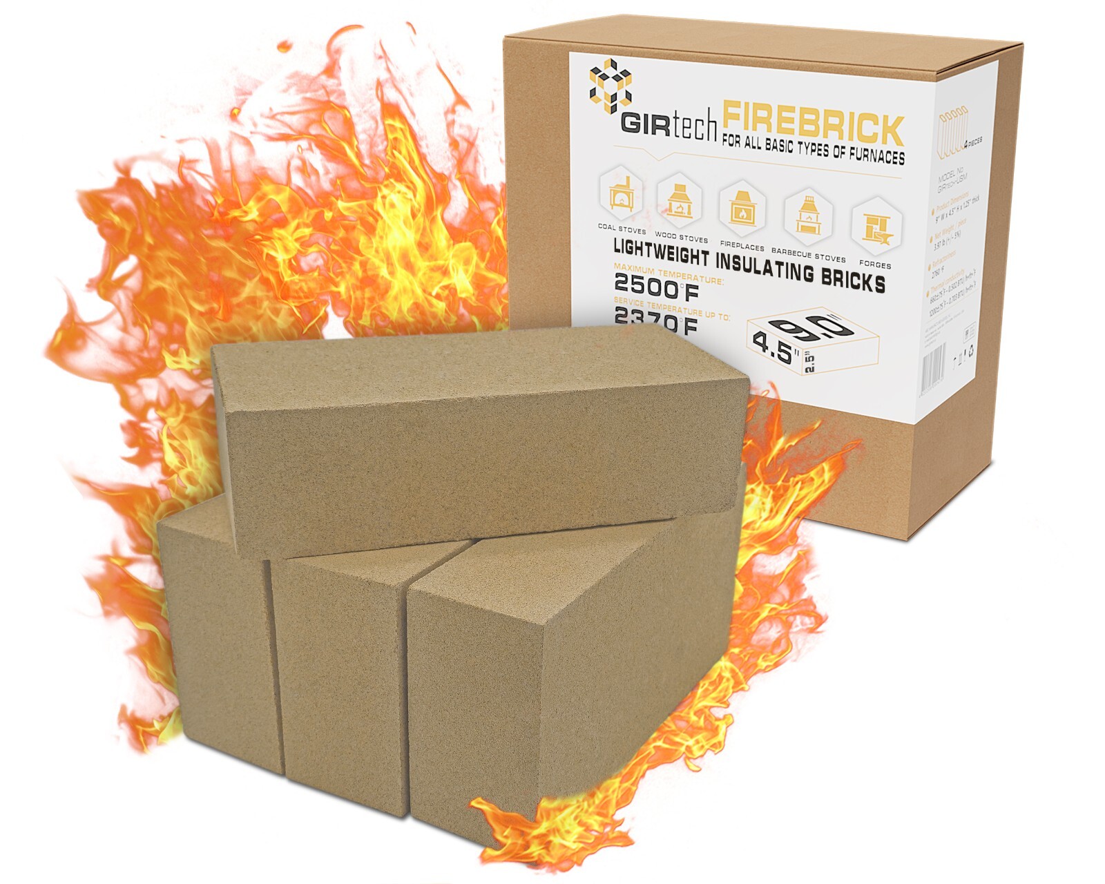 GIRtech Insa-4 Durable Insulating Fireclay Chamotte Fire Bricks 2500F Pack of 4