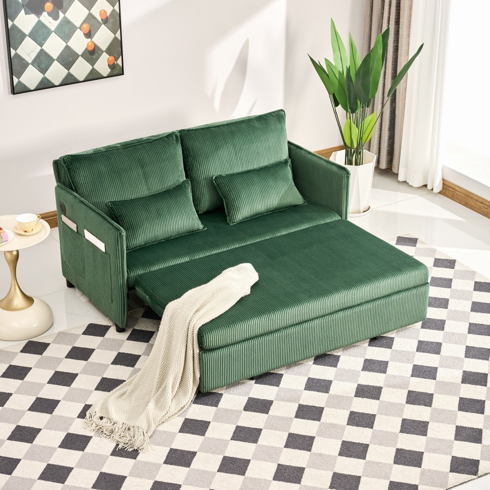 55" Convertible Sofa Bed w/ USB Ports, Corduroy Upholstery, Green
