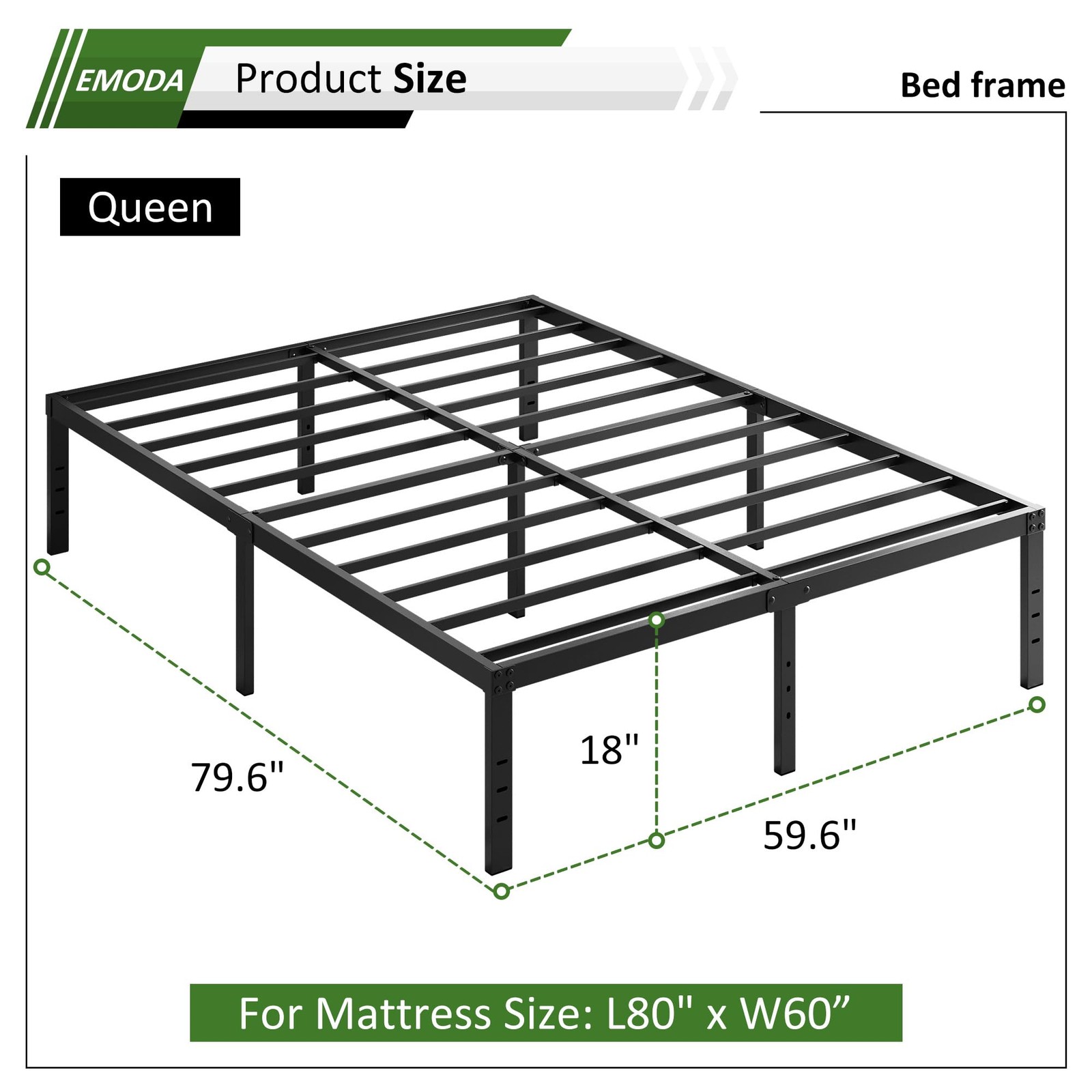 Queen Bed Frame, 18 Inch Metal Platform, No Box Spring, Storage, Black