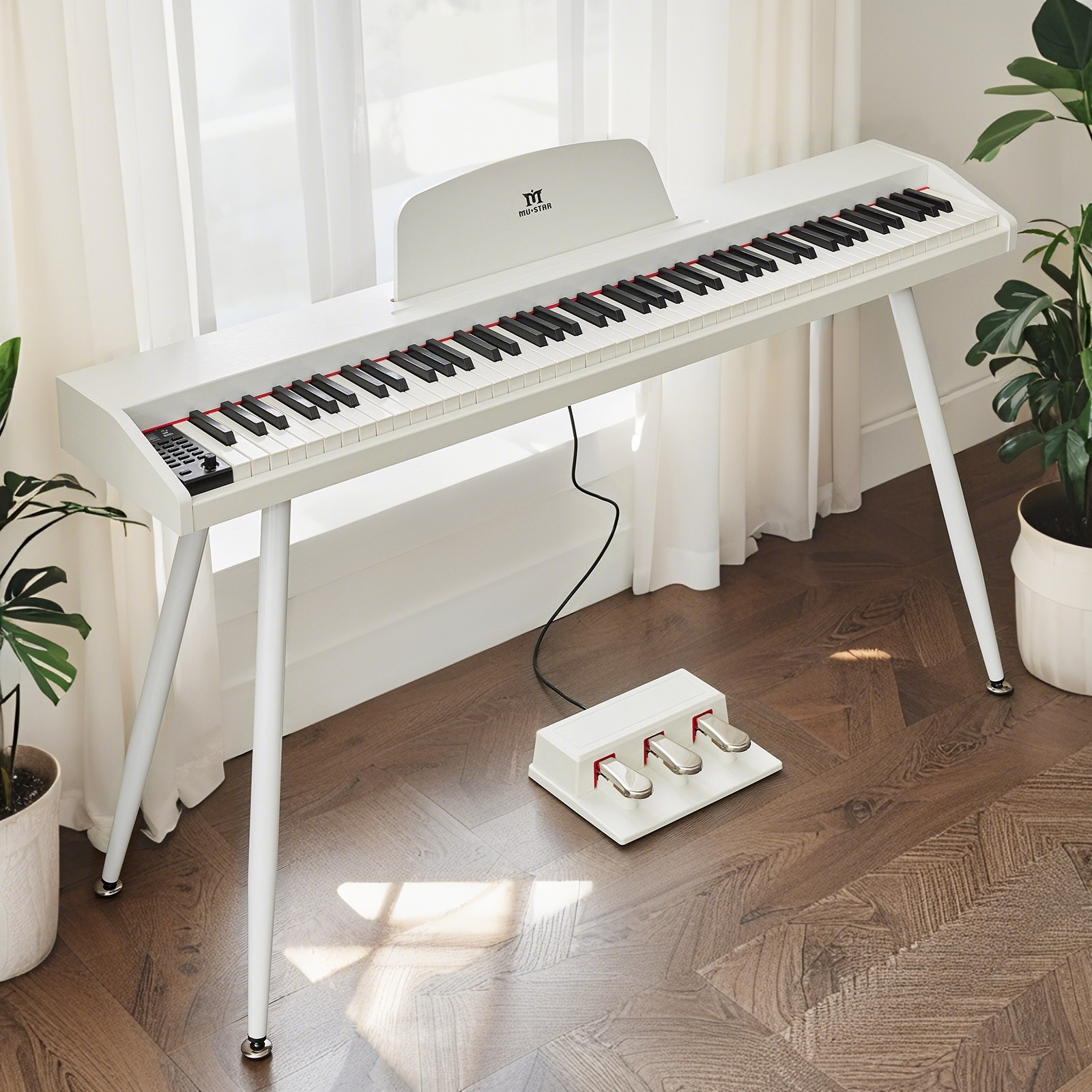 MUSTAR White 88 Key Semi Weighted Digital Piano Dual Keyboard MIDI,Triple Pedal