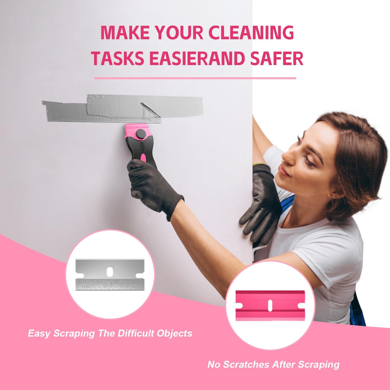 Ywmoml 3 Pack Razor Blade Scraper Set, Includes 30 Plastic & 30 Metal Pink