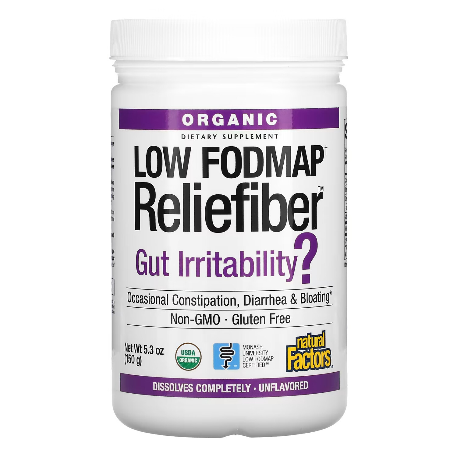 Natural Factors Low FODMAP Reliefiber Powder, Unflavored, 5.3 Ounces