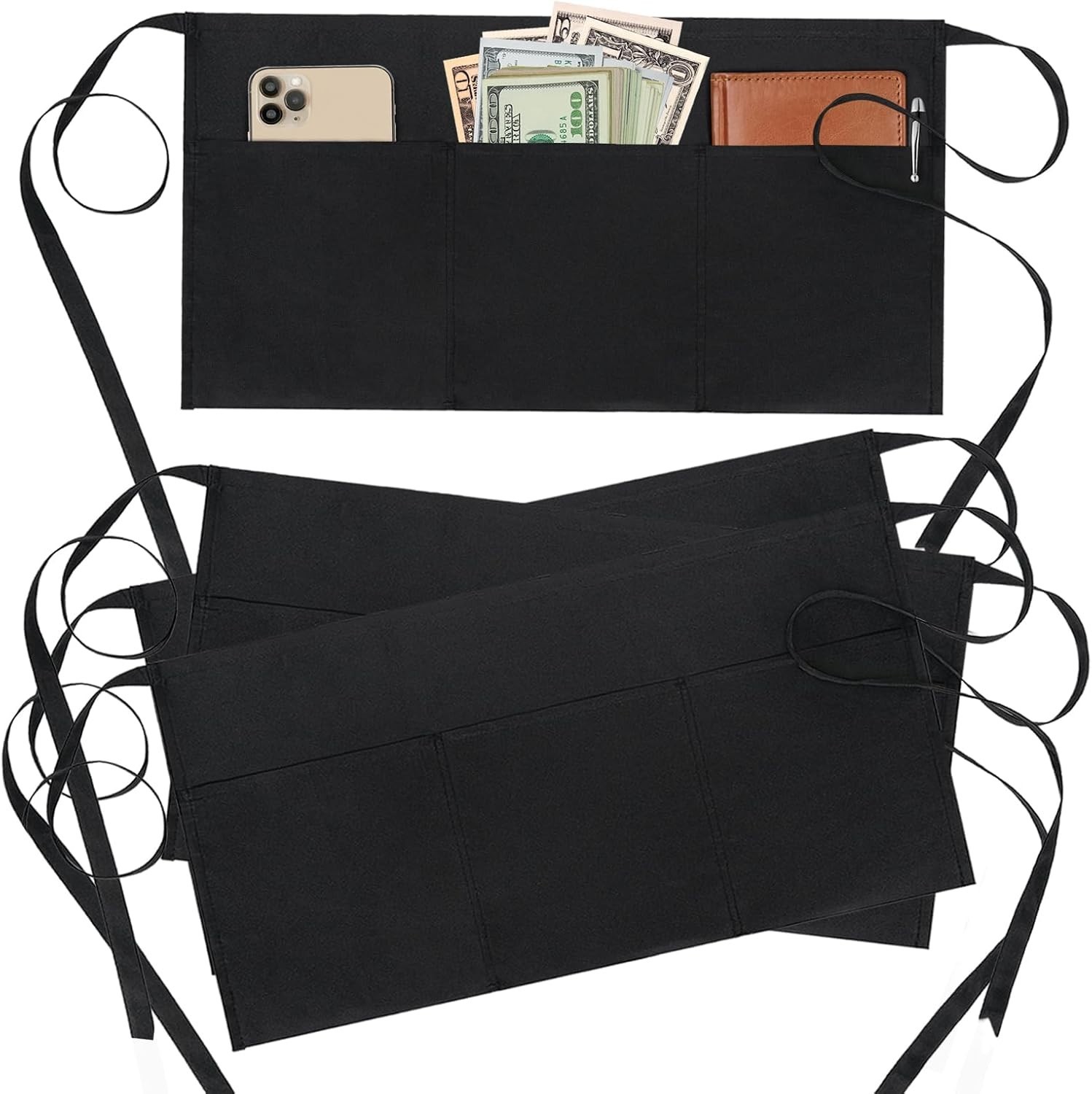 2/4 Pack Black Waist Aprons with 3 Pockets Adjustable Server Cooking Work Aprons