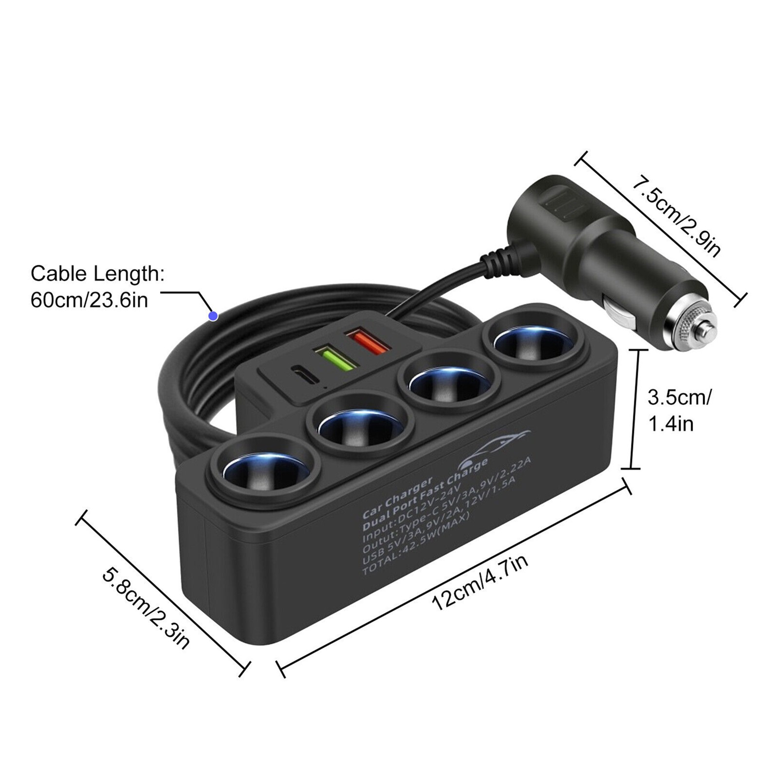 4-Socket Car Cigarette Lighter Splitter USB Fast Charger Power Adapter 12V