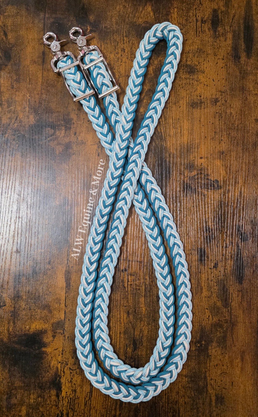 BRAND NEW Teal, Turquoise, & Cream Adjustable 8ft Paracord Reins By ALW Equine