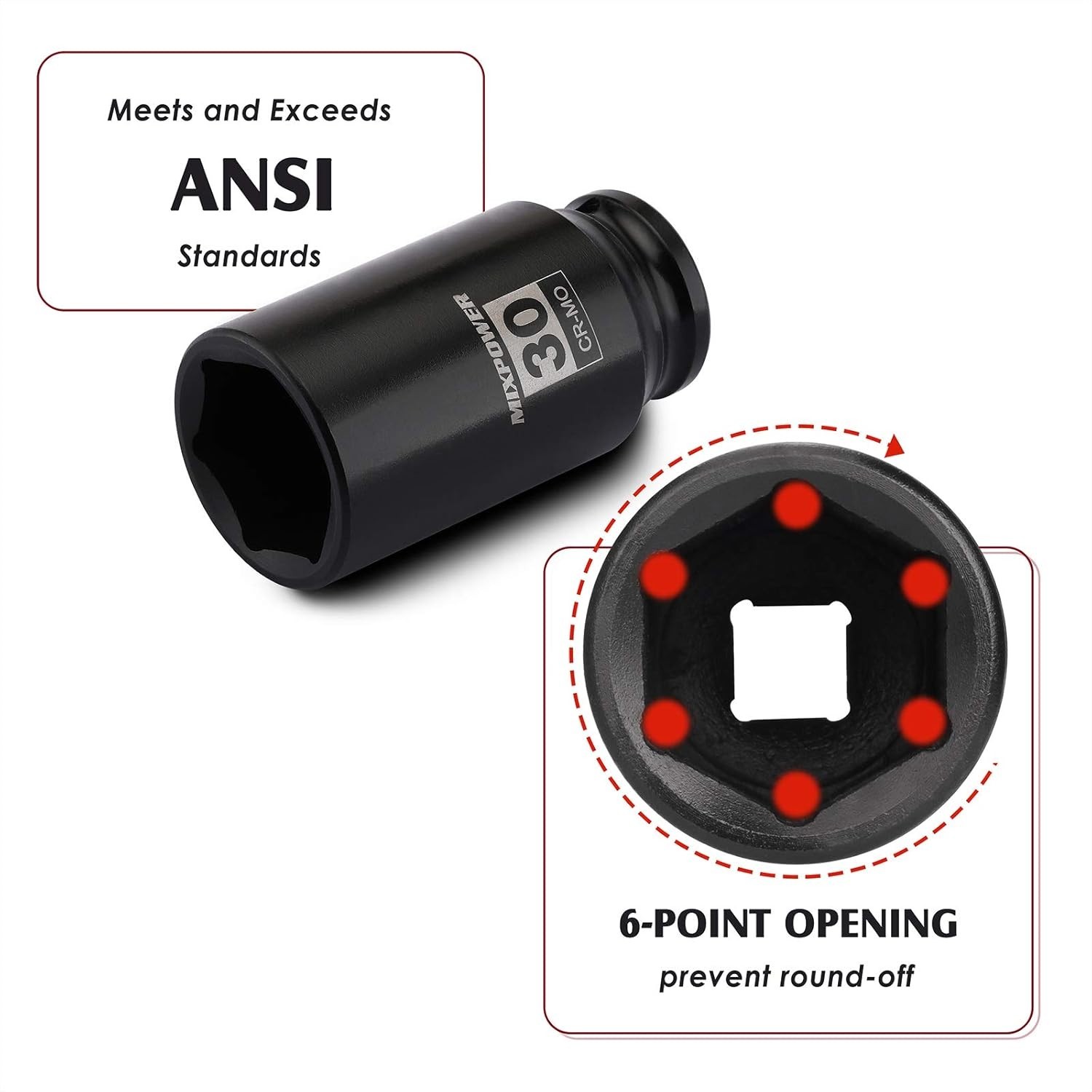 Professional-Grade 1/2" 30mm Impact Deep Socket - Laser Etched, 6-Point Design