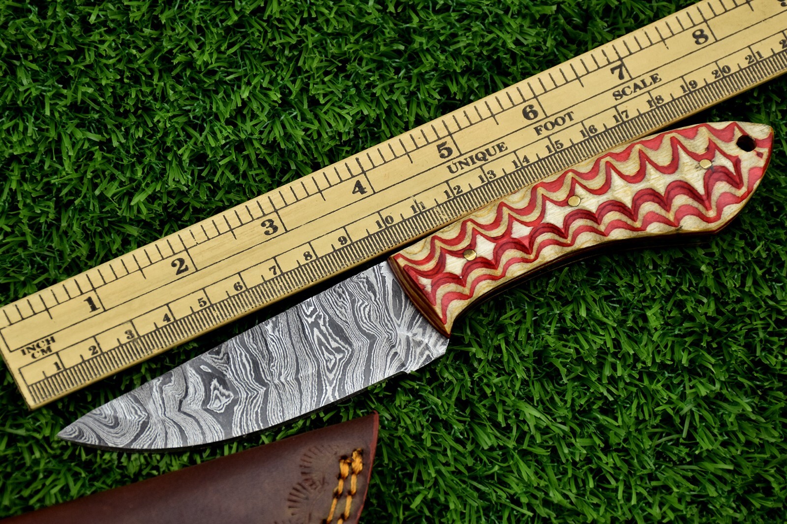 Damascus steel forged handle scale skinning knife with Leather sheath -1339