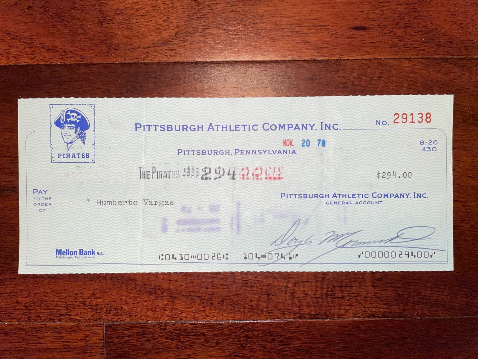 1978 Pittsburgh Pirates: Payroll Check: Humberto Vargas