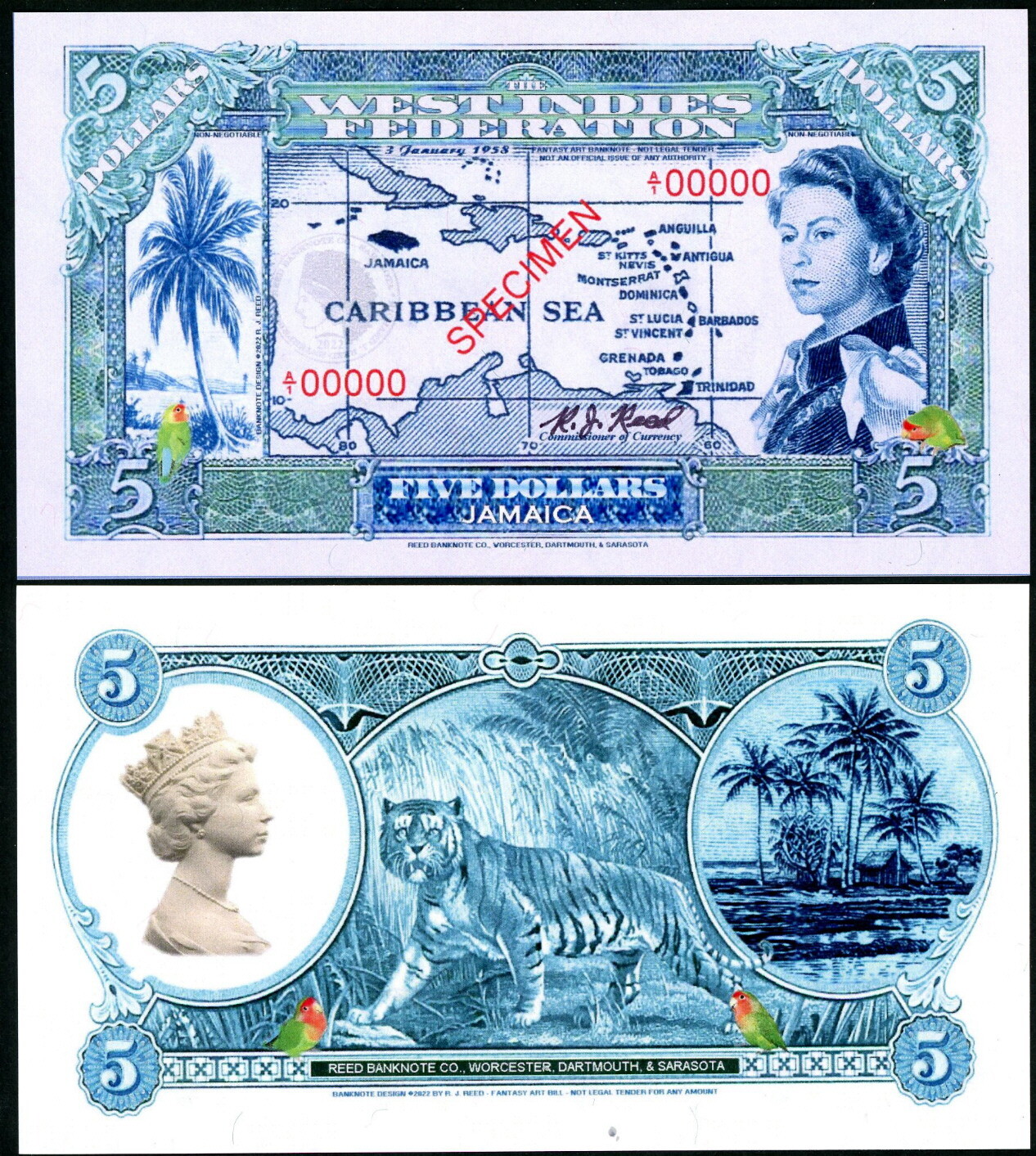 WEST INDIES FEDERATION QUEEN ELIZABETH II JAMAICA $5 FANTASY ART NOTE!