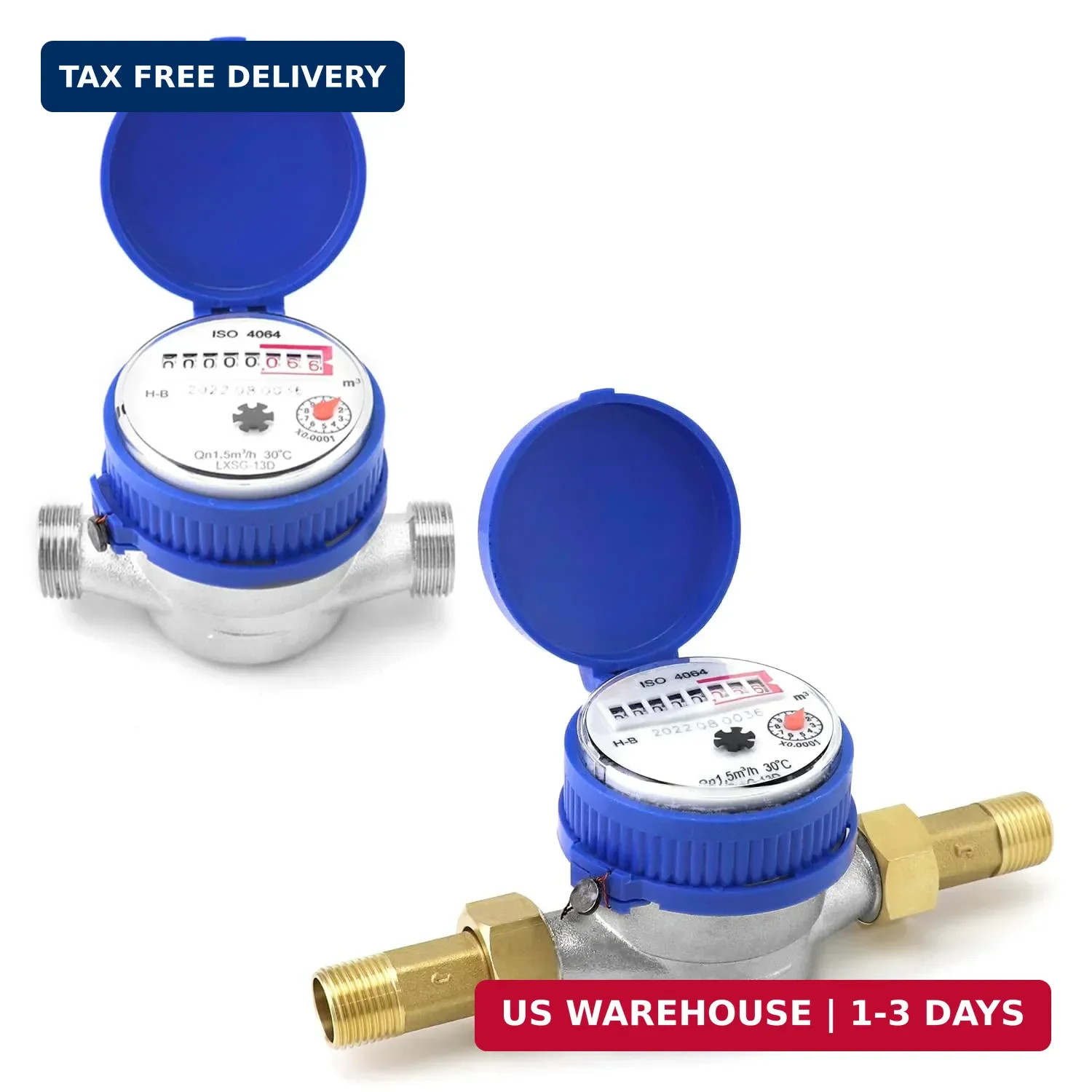 Water Meter 2 Pack, Cold Water Flow Meter with Pulse Output, 1/2" BSPT Thr