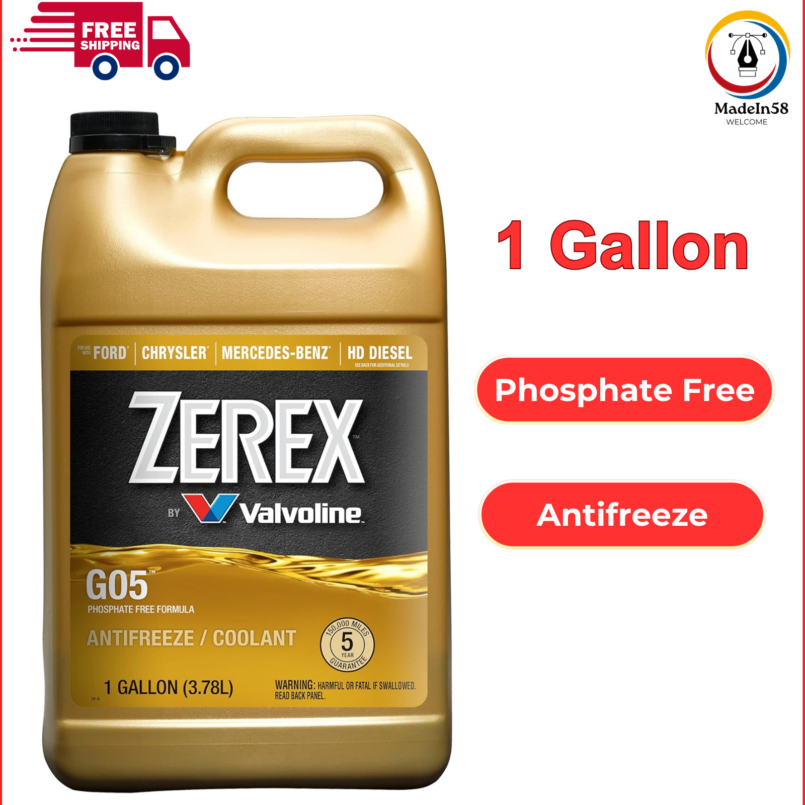 ZEREX G05 Yellow Antifreeze Coolant 1 Gallon Hybrid Organic Acid Tech, Anti-Boil