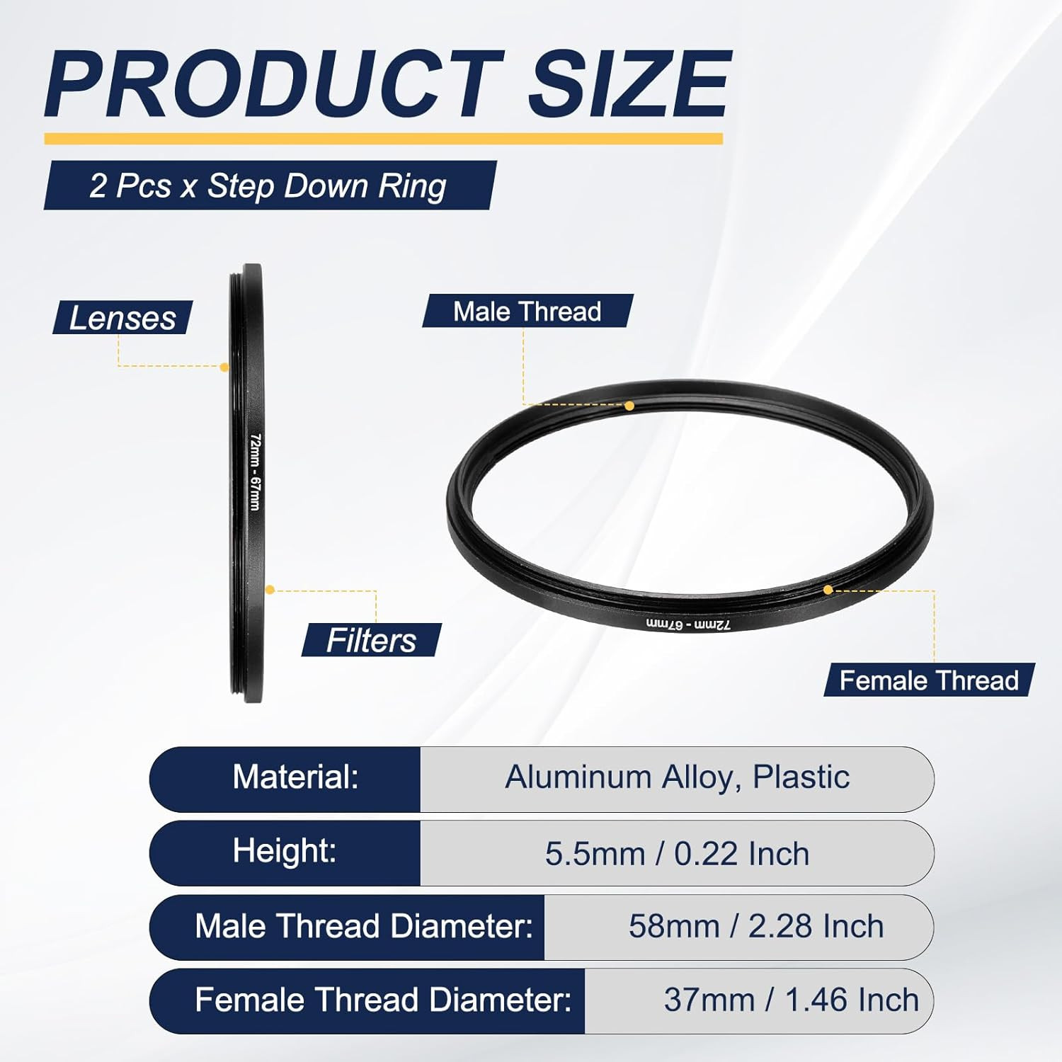 Step down Ring Adapter 72Mm to 67Mm, 2 Pcs Filter Step-Down Rings Camera Lens Fi