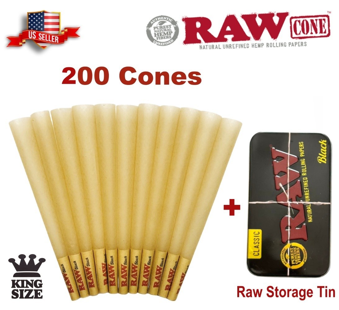 Authentic RAW Black King Size Pre-Rolled Cones 200 Pack 🌟 RAW Storage Tin